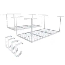 Fleximounts - OHK Series 36 in. W x 72 in. D x 22-40 in. H Ceiling Mounted Overhead Garage Storage Rack with Accessory Hooks - White
