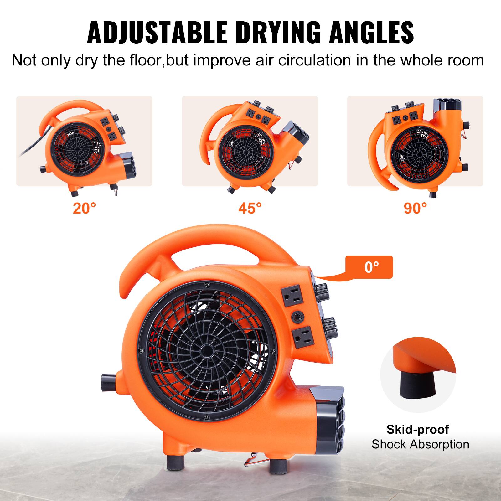 ADJUSTABLE DRYING ANGLES
Not only dry the floor, but improve air circulation in the whole room
00 20 45 90 0
Skid-proof
Shock Absorption