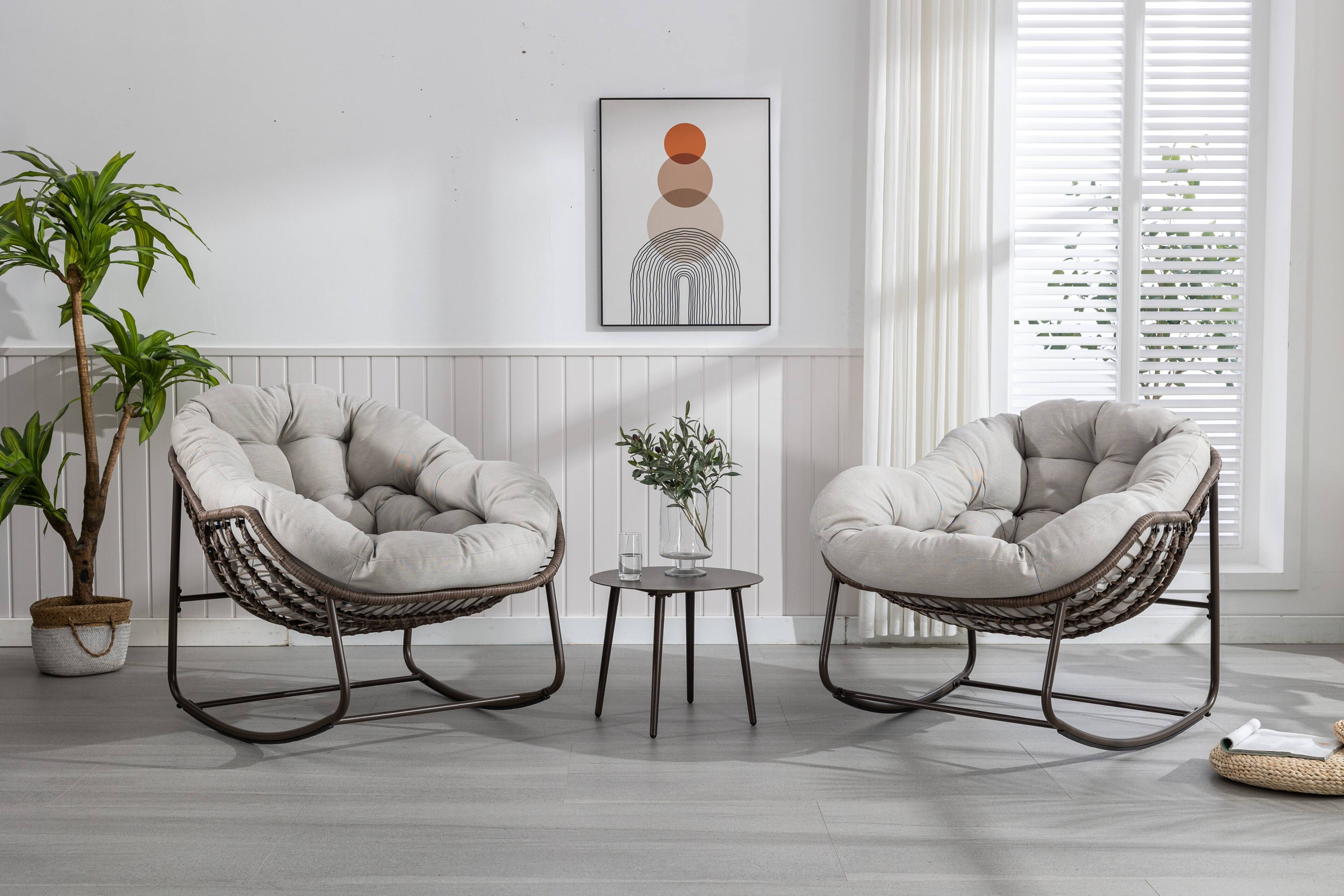 Alt View 2. GOODSILO - Outdoor Rattan Rocking Chair Padded Cushion Rocker Recliner for Porch, Living Room, Patio, Garden - Beige.