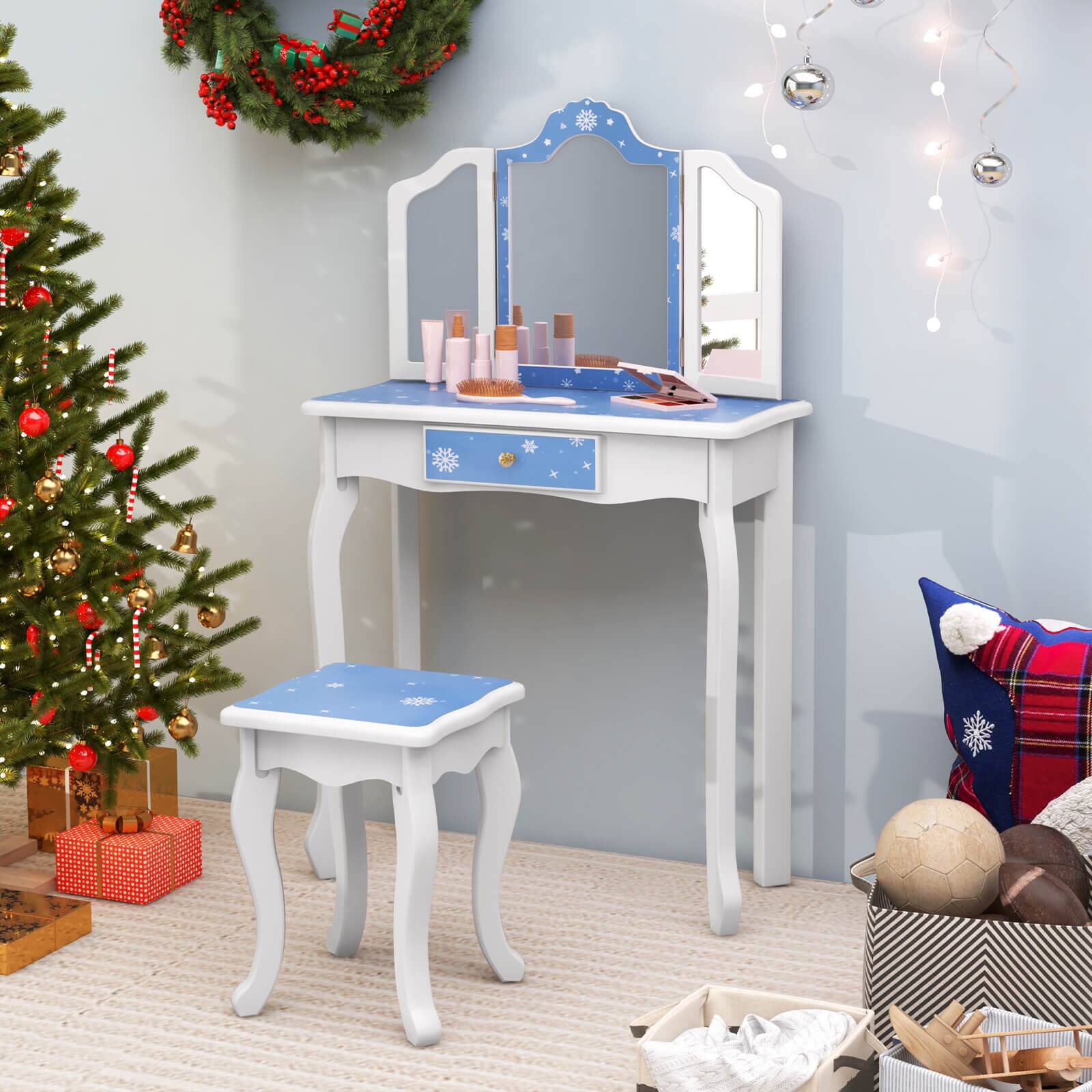 Alt View 4. Costway - Costway Kids Vanity Set Toddler Makeup Table & Stool with Tri-folding Mirror Drawer - Blue.