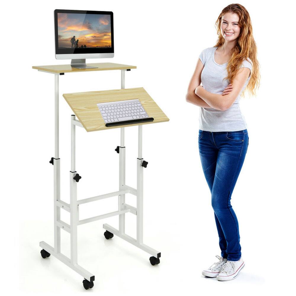 Alt View 4. Pefilos - Height Adjustable Mobile Standing Desk with rolling wheels for office & home-Natural, Office Furniture, Desk - Brown.