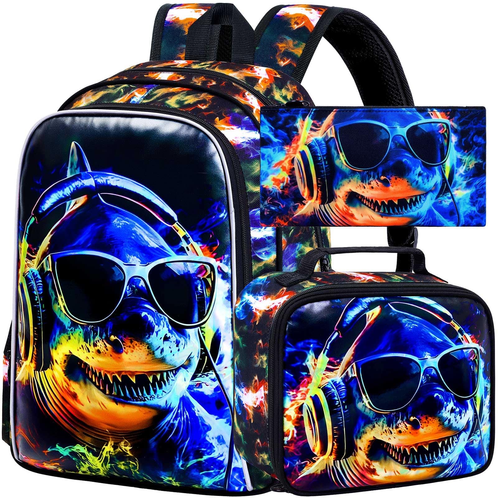 Stamp n Camp - 3pcs Backpack For 17" Bookbag With Lunch Box School Backpacks Elementary - Shark Black