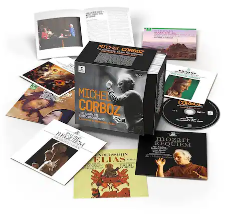 Sure, here is the corrected and grouped text from the image:
---
**MICHEL CORBOZ**
THE COMPLETE ERATO RECORDINGS
Classical & Romantic Eras
36 CD
**BETHOVEN**
Symphony No. 6
Pastoral Symphony
Dir. Michel Corboz
**MOZART**
Requiem
Dir. Michel Corboz
Barbara Schäfer
Roger Soyer
Ely Amelin
Benjamin Luxon
**BENDSCHÖN**
Elias
Dir. Michel Corboz
**DANSE LE MÉME GESTE ?**
MICHEL CORBOZ
DU BAROQUE AU ROMANTISME
**THE COMPLETE ERATO RECORDINGS**
Classical & Romantic Eras
**REQUIEM**
Dir. Michel Corboz
**CD 5**
Mozart Op. 7 No. 1
Märchenlieder
**CORBOZ**
COMPLETE ERATO RECORDINGS
**REQUIEM**
Dir. Michel Corboz
**MOZART**
Requiem
Dir. Michel Corboz
Barbara Schäfer
Roger Soyer