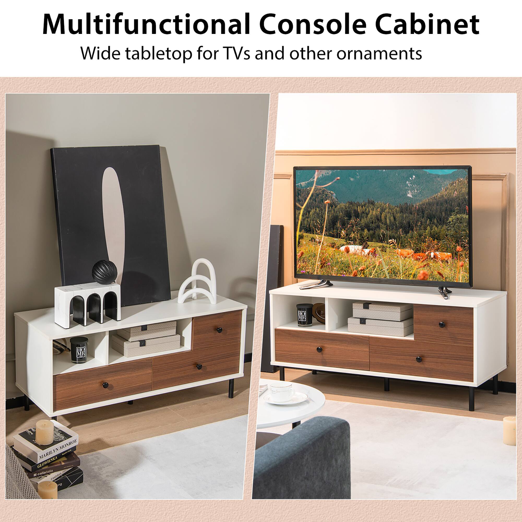 Multifunctional Console Cabinet: Wide tabletop for TVs and other ornaments.