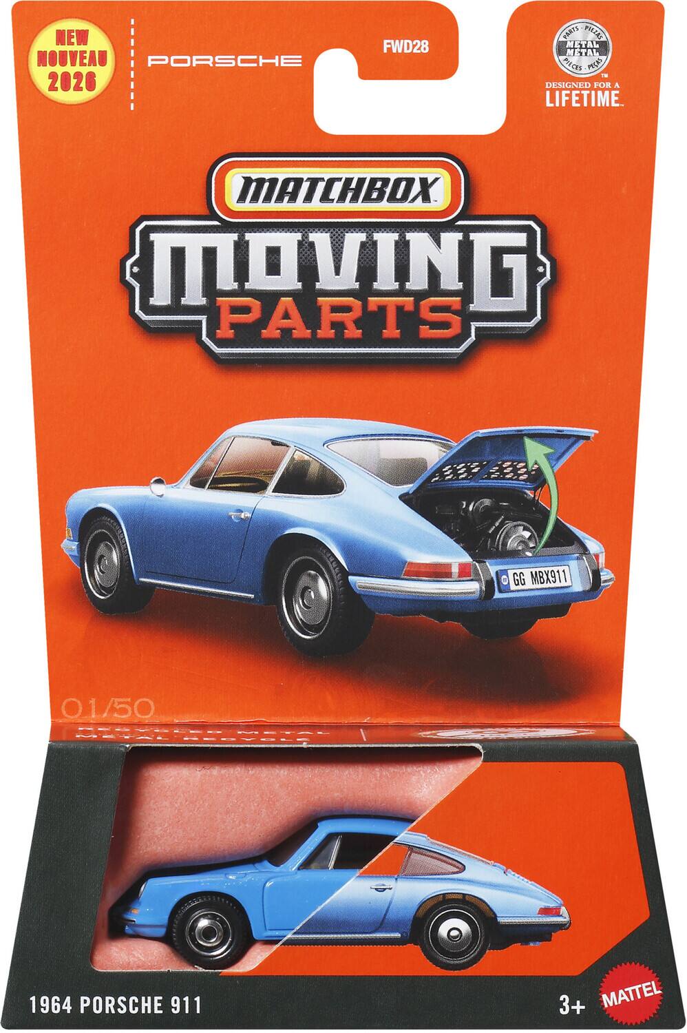 NEW NOUVEAU PORSCHE 2026  
FWD28  
PARTS PIEZAS METAL METAL PICES PEAS  
DESIGNED FOR A LIFETIME  
MATCHBOX MOVING PARTS GG MBX911 0.1/50  
CIZ2 EOVOLE  
1964 PORSCHE 911  
3+ MATTEL