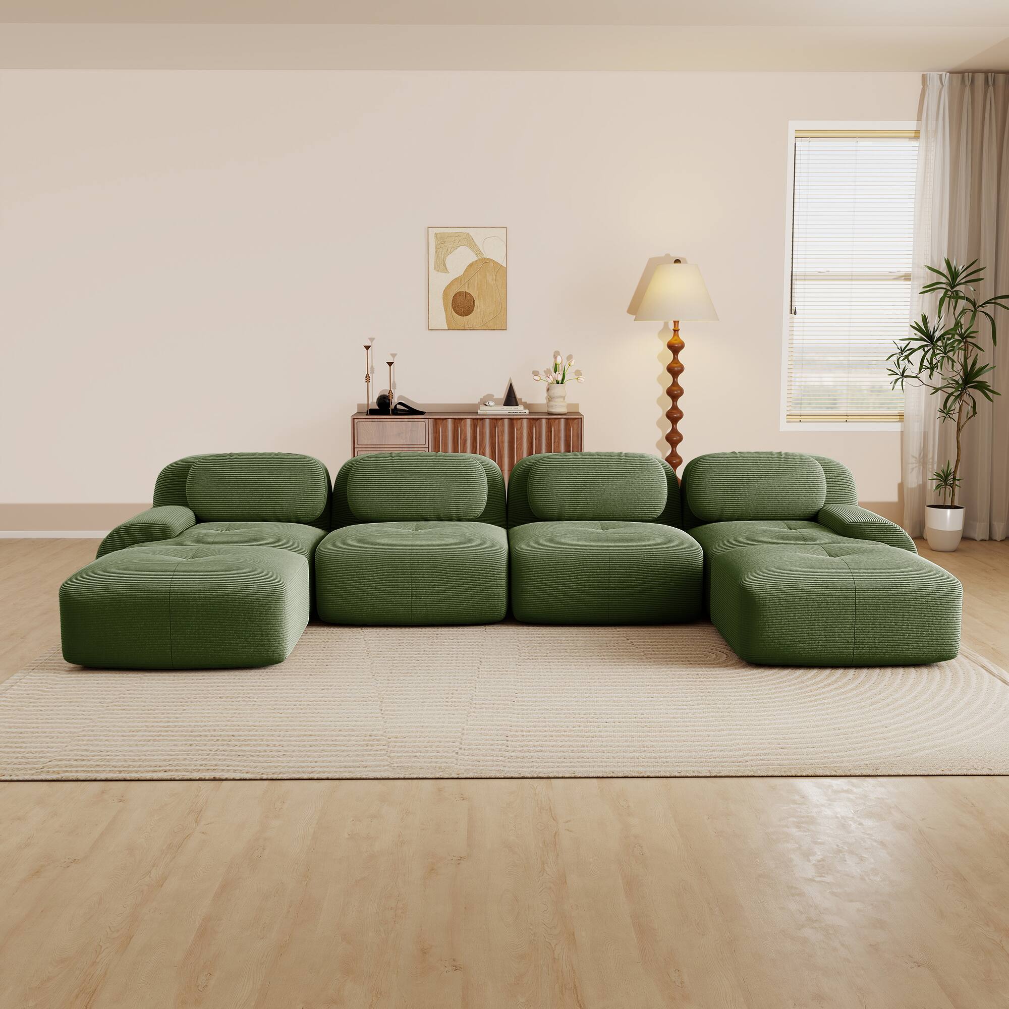 Angle. Aukfa - 4 Seats + 2 Ottoman Modular Corduroy Sectional Sofa - Ergonomic Support, Pet Friendly, Easy Assembly, Non-Slip Base - Green.
