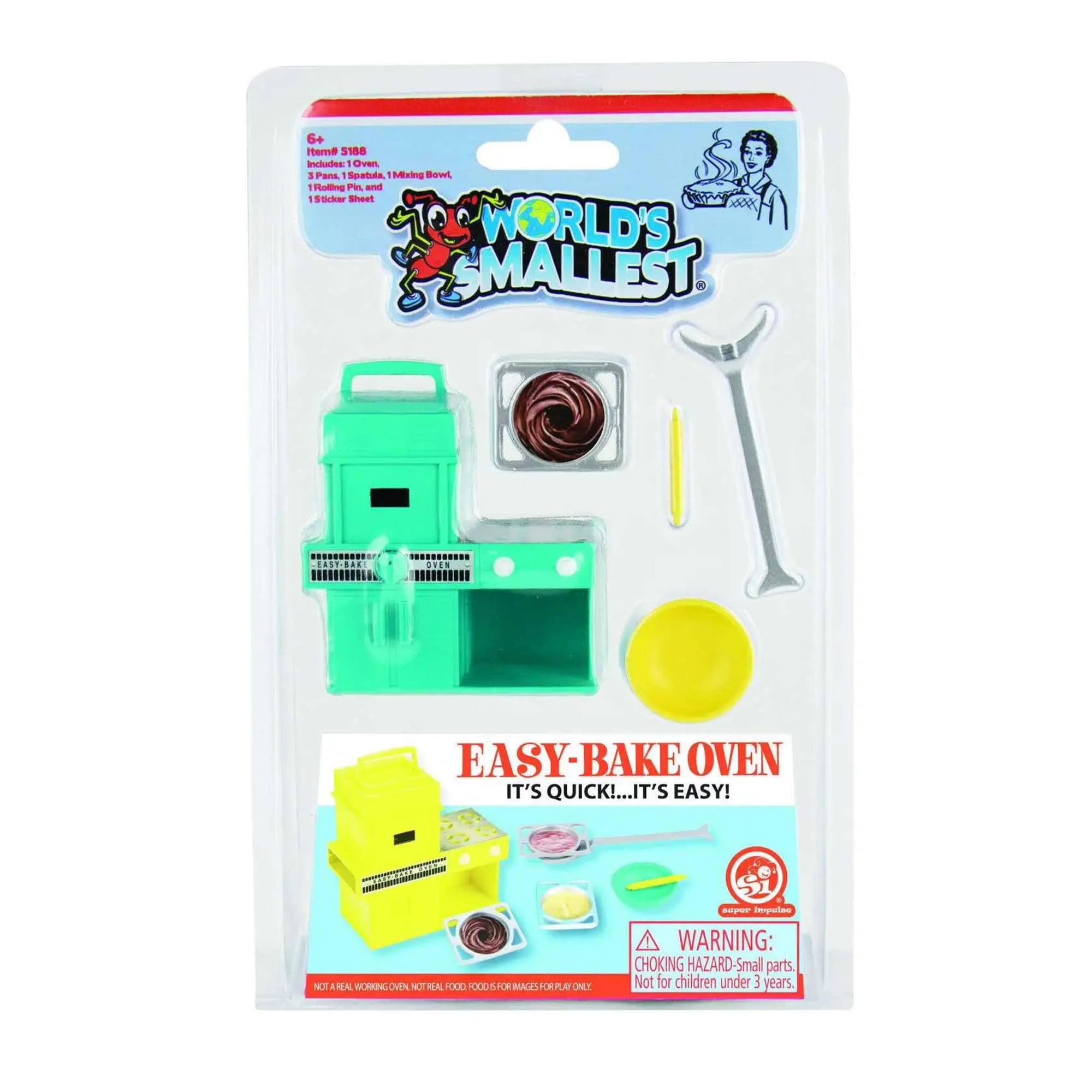 6+ Bradi 5188 Includes 1 Oven, 1 Mixing Bowl, 3 Pans, 1 Spatula, 1 Sticker Sheet. - Missing Bowl 1 Rolling Pin - Sticker Sheet WORLD'S SMALLEST OVEN EASY-BAKE OVEN IT'S QUICK!...IT'S EASY! NOT A REAL OVEN NOT REAL FOOD FOOD IS FOR IMAGES FOR PLAY ONLY - WARNING: CHOKING HAZARD - Small parts Not for children under 3 years.