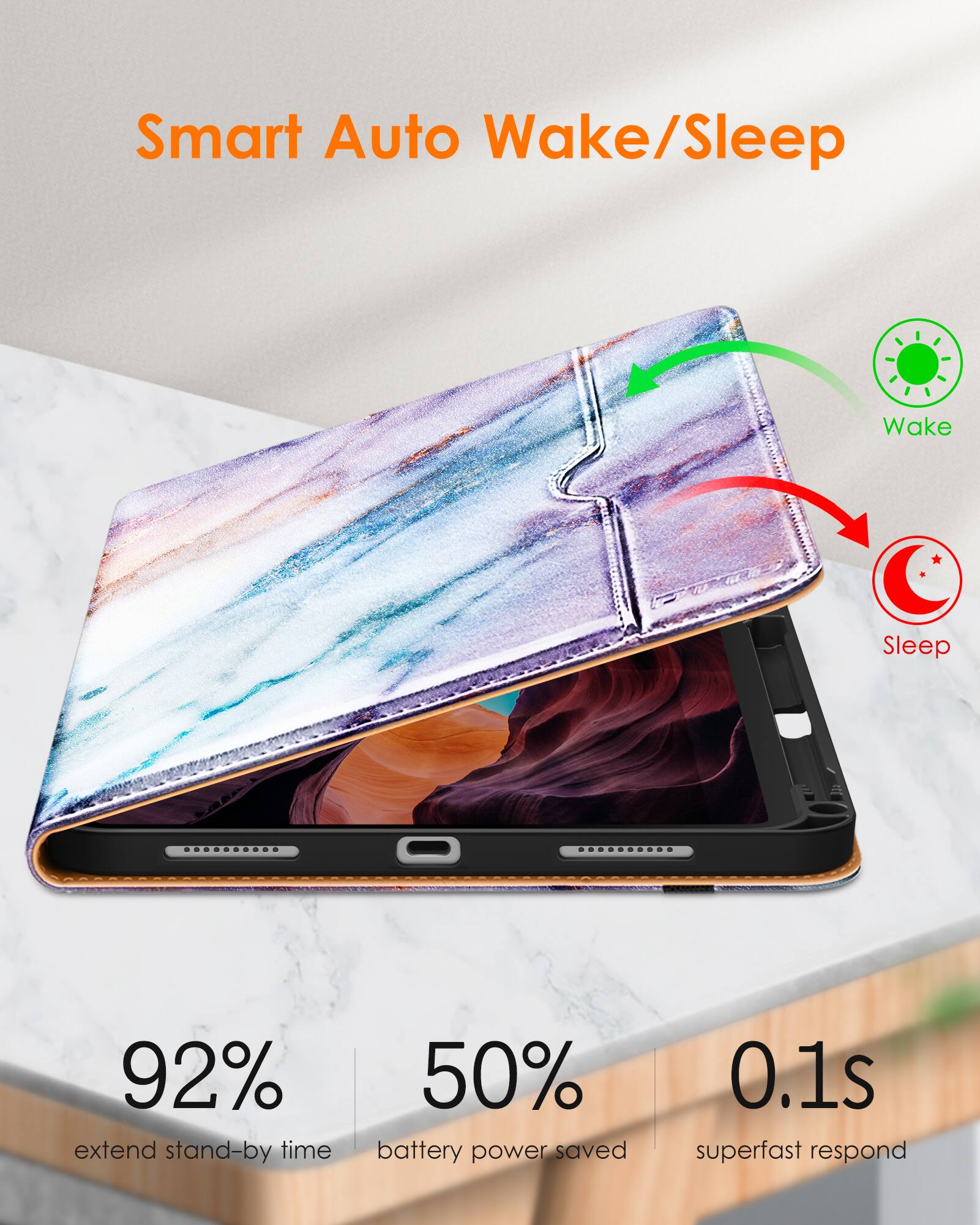 Smart Auto Wake/Sleep

- 92% extend stand-by time
- 50% battery power saved
- 0.1s superfast respond

Wake / Sleep