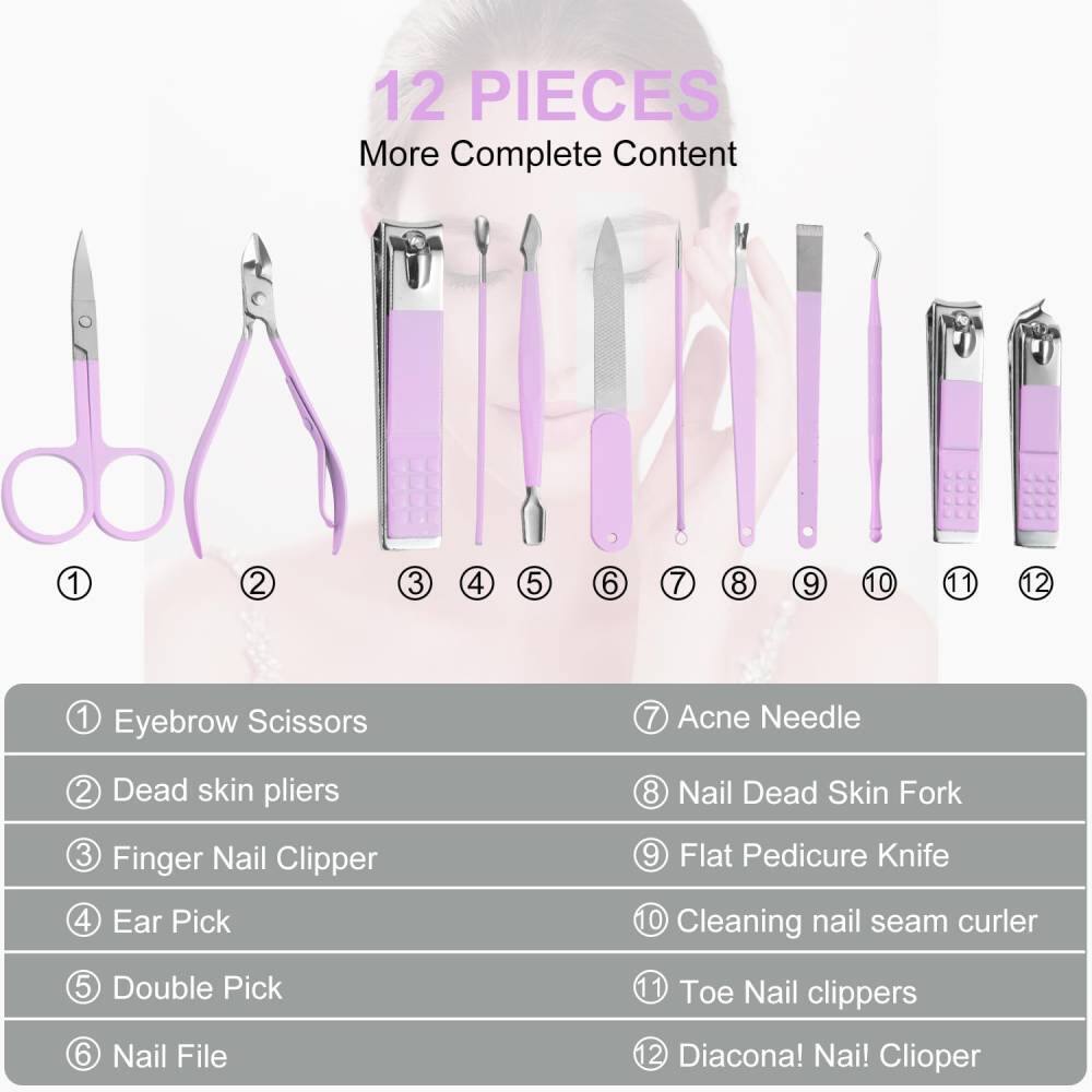 12 PIECES  
More Complete Content  

1. Eyebrow Scissors  
2. Dead skin pliers  
3. Finger Nail Clipper  
4. Ear Pick  
5. Double Pick  
6. Nail File  
7. Acne Needle  
8. Nail Dead Skin Fork  
9. Flat Pedicure Knife  
10. Cleaning nail seam curler  
11. Toe Nail clippers  
12. Diacona! Nail! Clioper