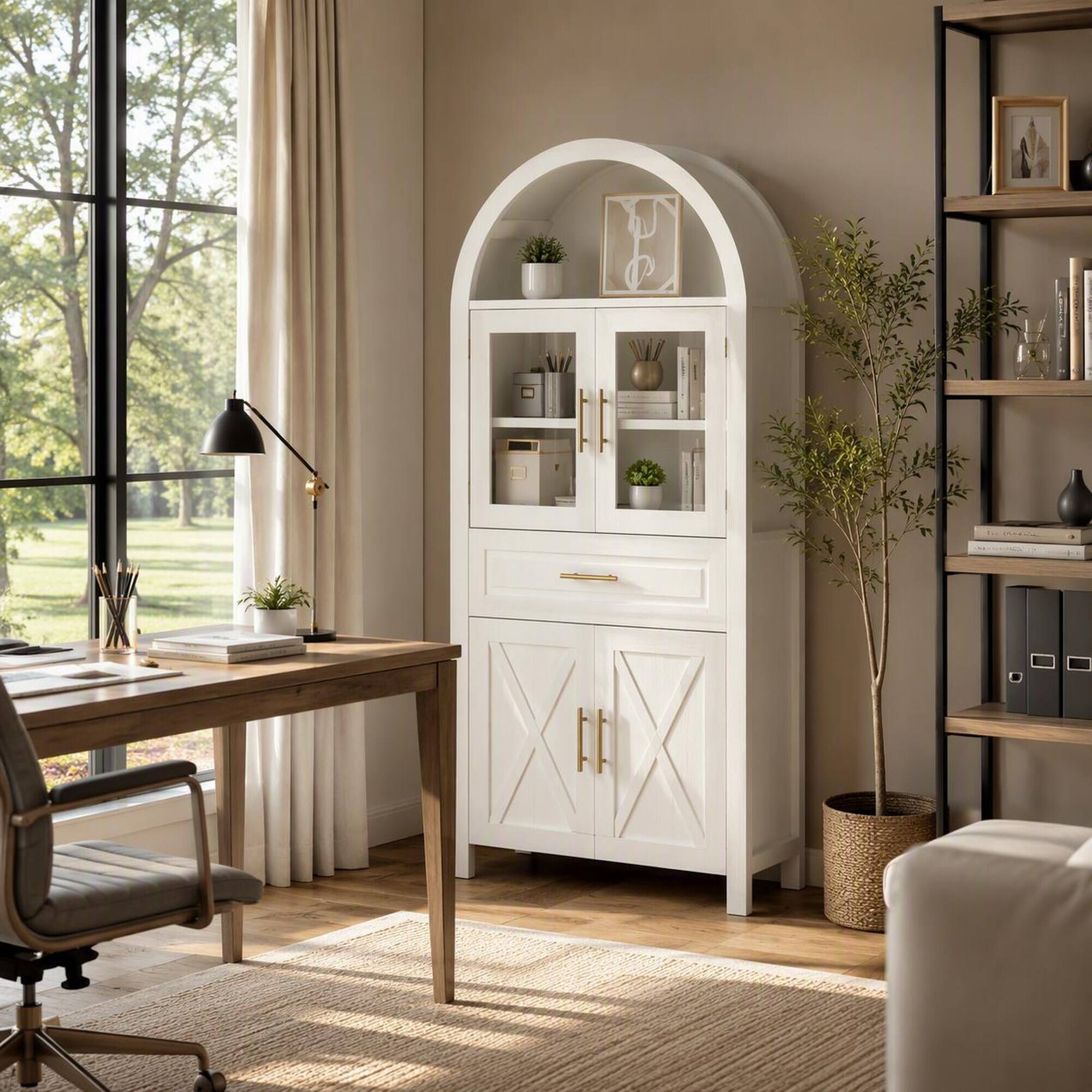 Left. RYHNUYNE - Freestanding 71 Inch Tall Arched Kitchen Pantry Cabinet with Adjustable Shelves and Glass Door, White - White.