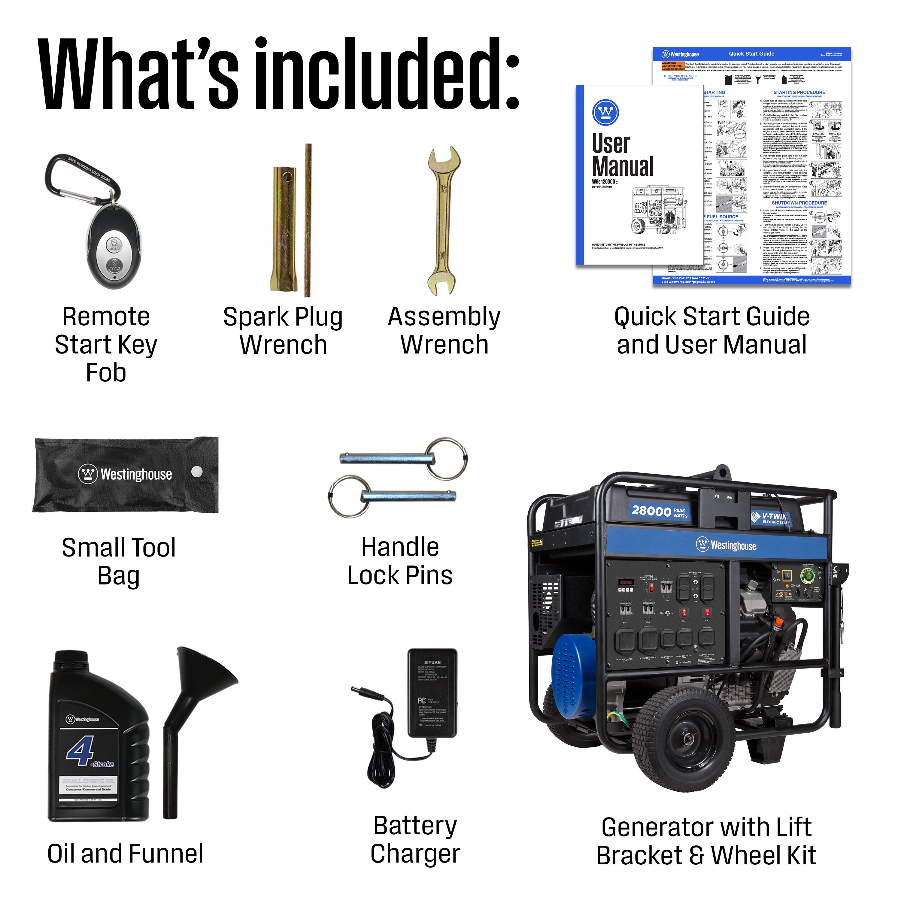 - What's included:
  - Remote Start Key Fob
  - Spark Plug Wrench
  - Assembly Wrench
  - Quick Start Guide and User Manual
  - Small Tool Bag
  - Handle Lock Pins
  - Oil and Funnel
  - Battery Charger
  - Generator with Lift Bracket & Wheel Kit