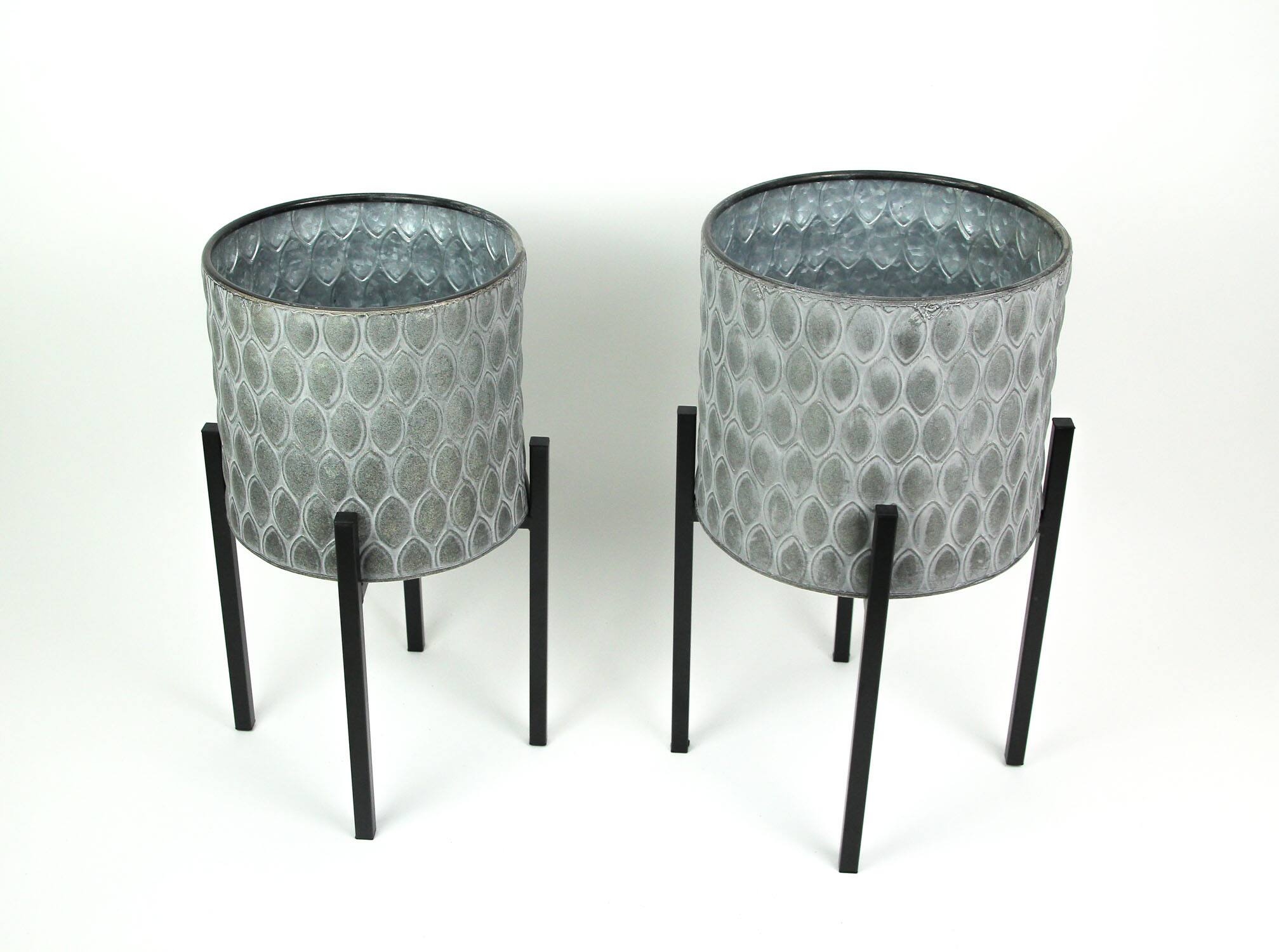 Alt View 1. Napco - Set of 2 Galvanized Zinc Finish Leaf Pattern Stamped Metal Planters With Wooden Stands - Grey.