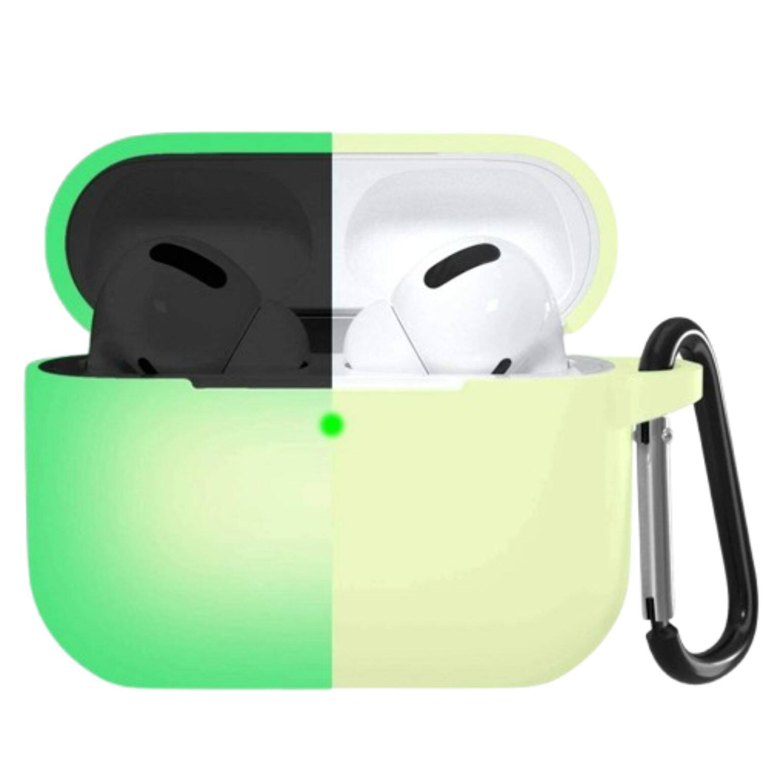 Front. Home Collection - Glow in the Dark Shockproof Silicone Protective Case with Keychain for Apple AirPods Pro 3 - Luminous Green/White Tint.