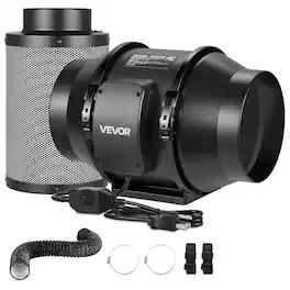 VEVOR - 6" Air Filtration Kit, 180 CFM Inline Duct Fan with Speed Controller, Carbon Filter & Ducting Ventilation System - Black Shell & Blades