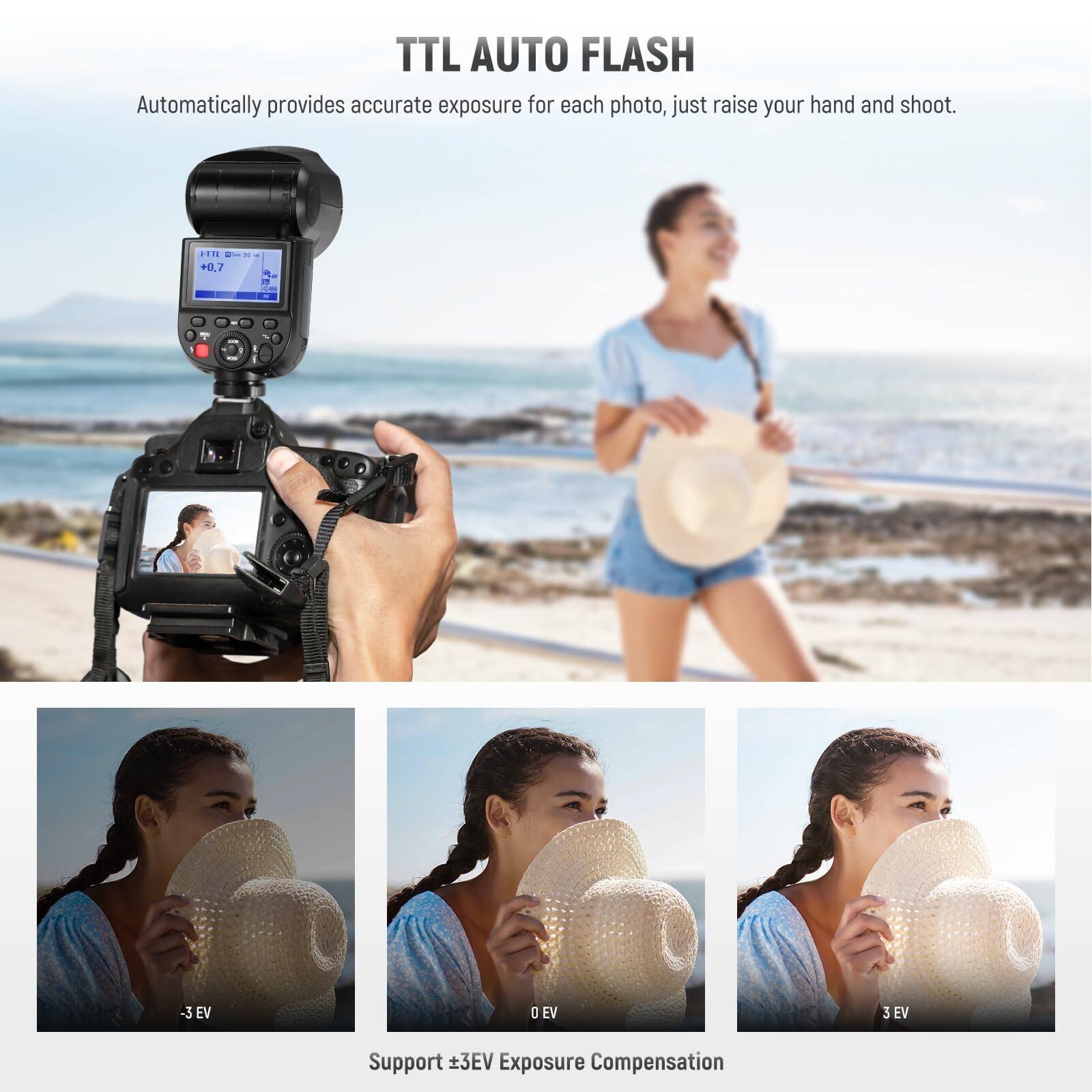 TTL AUTO FLASH  
Automatically provides accurate exposure for each photo, just raise your hand and shoot.  

FR +0,7 - 1 -3 EV 0 EV 5 EV  
Support ±3EV Exposure Compensation