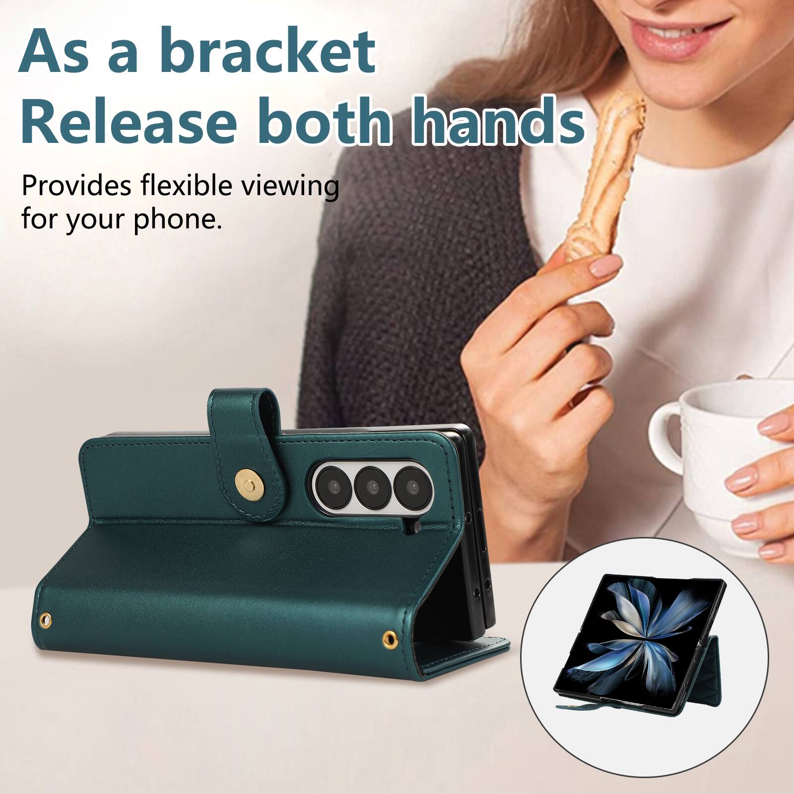 As a bracket, release both hands. Provides flexible viewing for your phone.