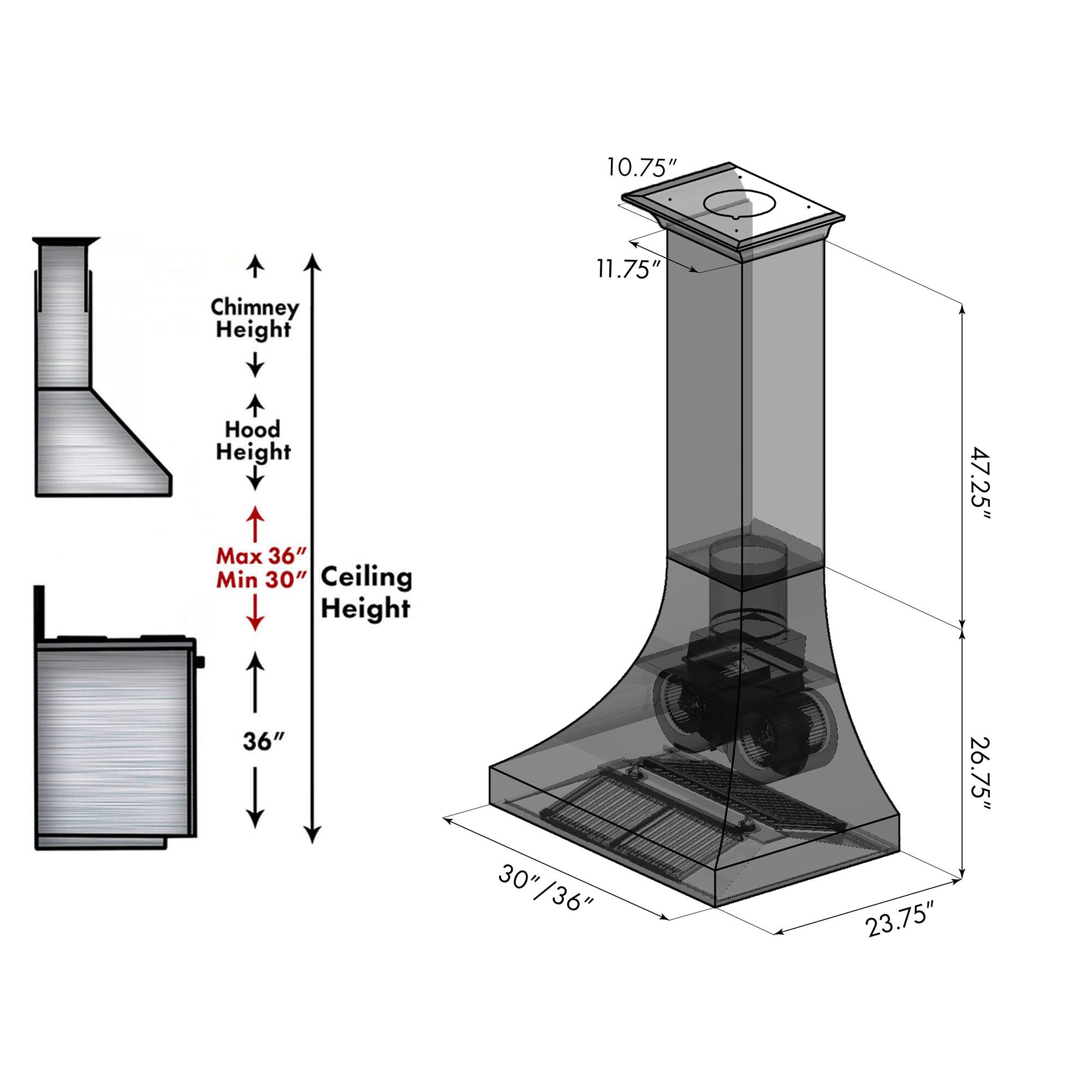10.75" Chimney Height  
11.75" Hood Height  
Max 36" Min 30" Ceiling Height  
47.25"  
30" /36"  
26.75"  
23.75"