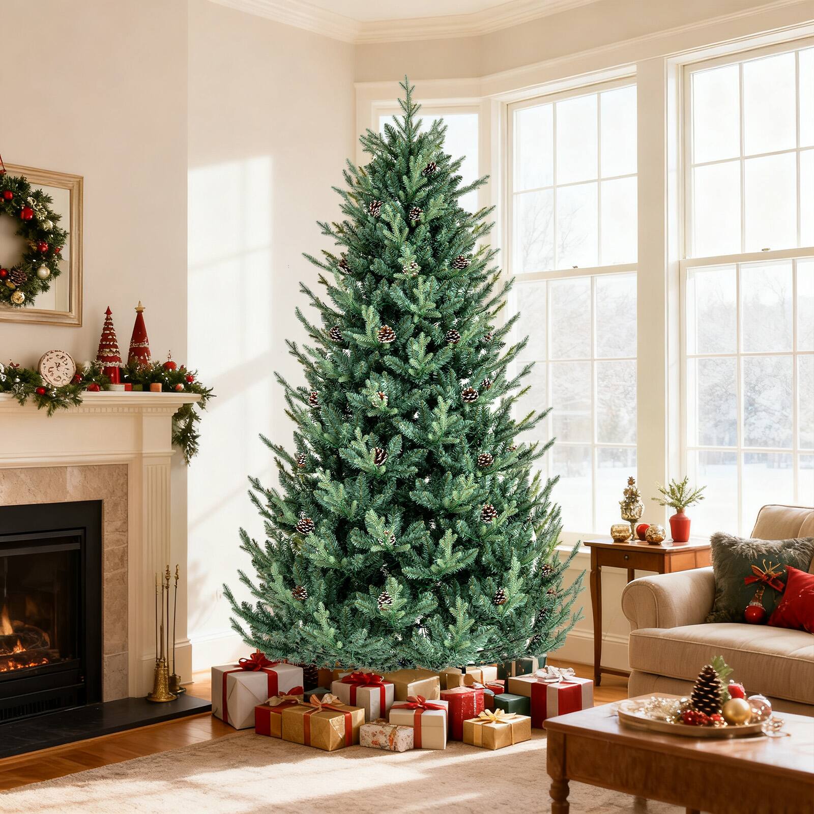 Alt View 3. Gymax - Gymax 7.5 FT Artificial Christmas Tree w/1306 Branch Tips 500 LED Lights 48 Pine Cones Outdoor Green - Green.