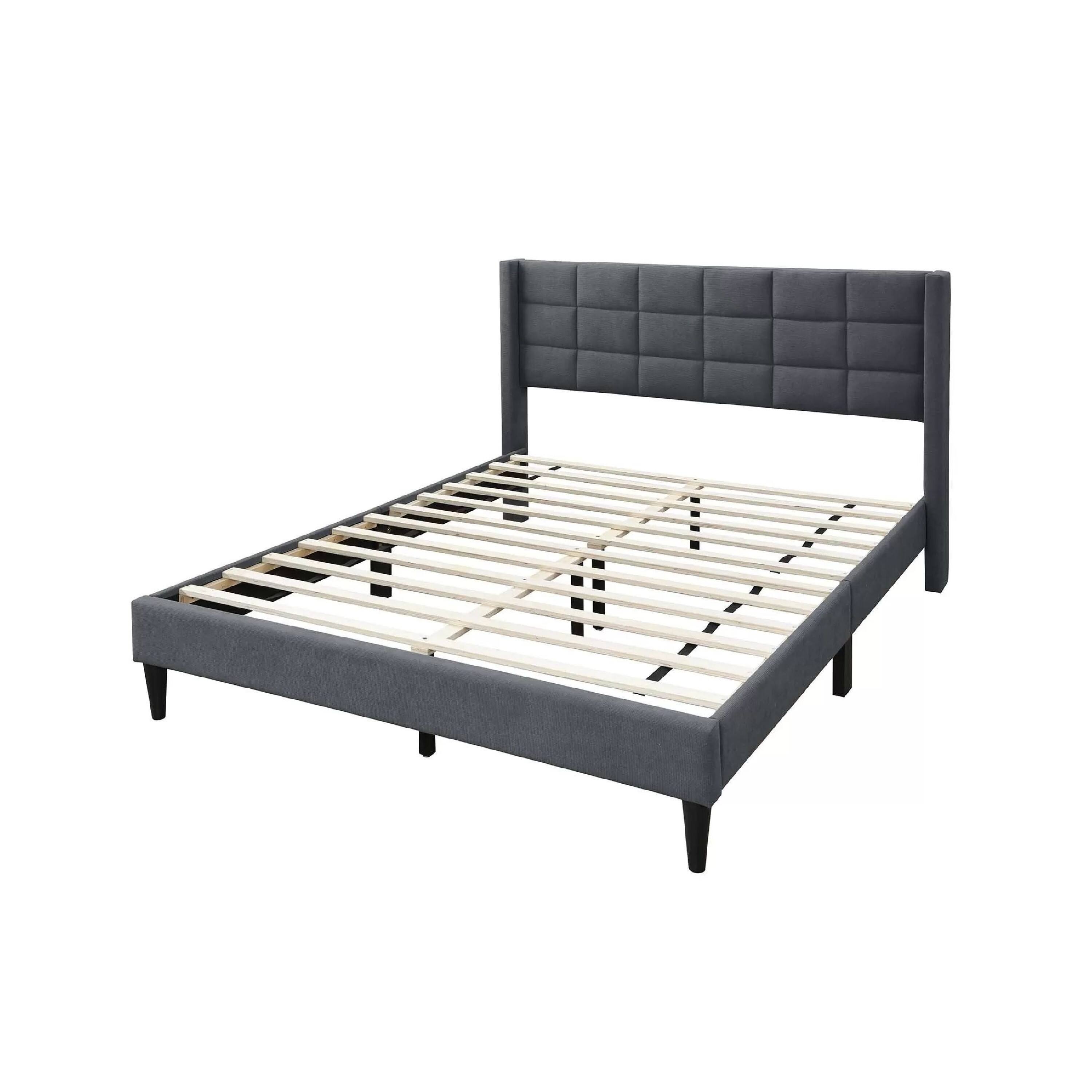 Angle. Manhattan Lane - Zensa Full Bed, Charcoal Gray Linen Upholstery, Padded Wing Headboard - Charcoal Gray, Black.