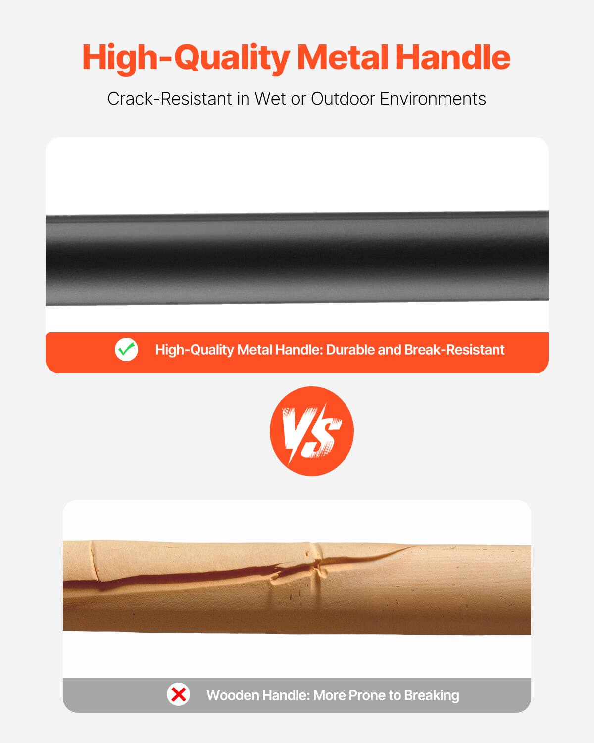 High-Quality Metal Handle

Crack-Resistant in Wet or Outdoor Environments

High-Quality Metal Handle: Durable and Break-Resistant

VS

Wooden Handle: More Prone to Breaking