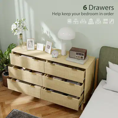HOMCOM Fluted Dresser for Bedroom with 6 Drawers, 54" Wide Chest of Drawers with Gold Finger Pulls and 5 Wood Legs, Natural Wood HOMCOM Fluted Dresser for Bedroom with 6 Drawers, 54" Wide Chest of Drawers with Gold Finger Pulls and 5 Wood Legs, Natural Wood