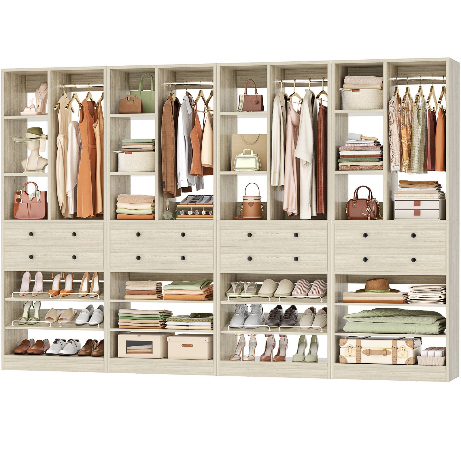 Alt View 3. Aheaplus - 111" Closet System: 8-Drawer & Shelf Organizer, Fits 10ft Walk-ins. Free Standing, 2400LB Capacity, 4-Pack - White Oak.