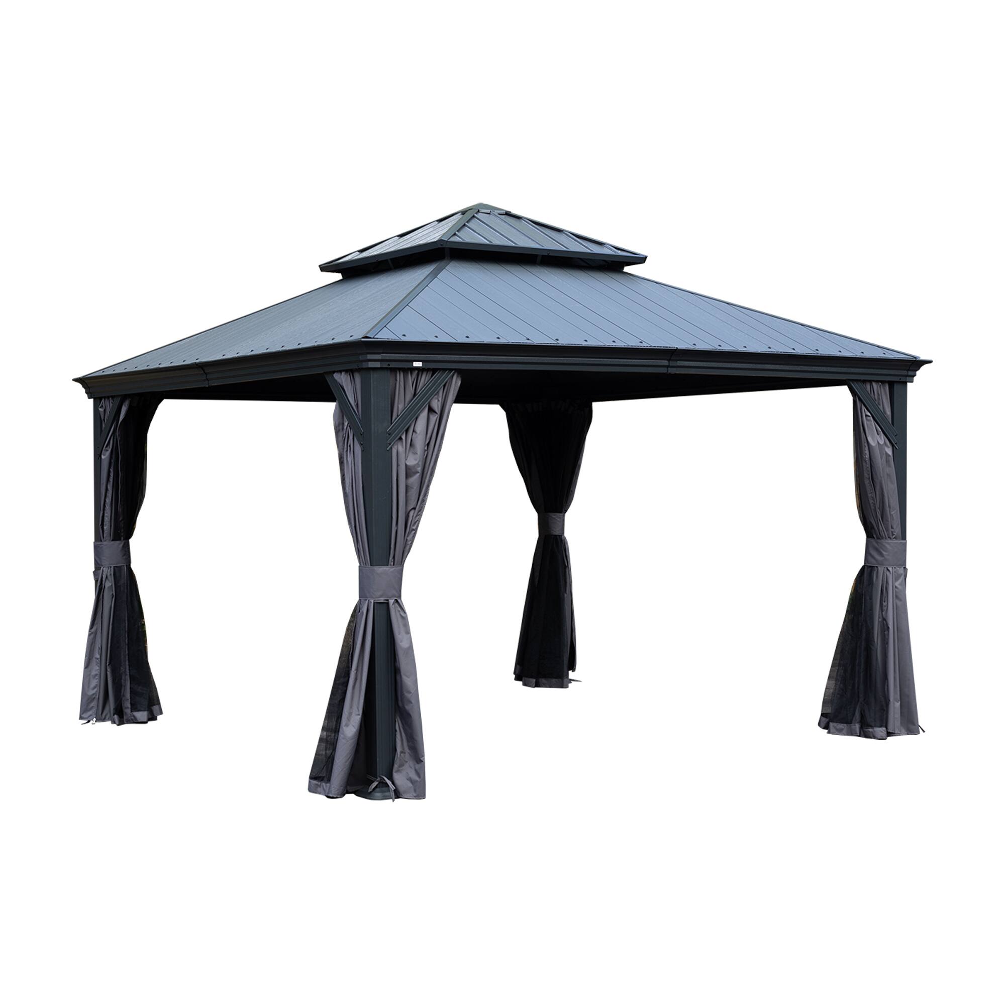 Left. Mondawe - 12x12 Metal Gazebo With Resin Roof ,Curtains and Mosquito Netting Included - Dark Gray.