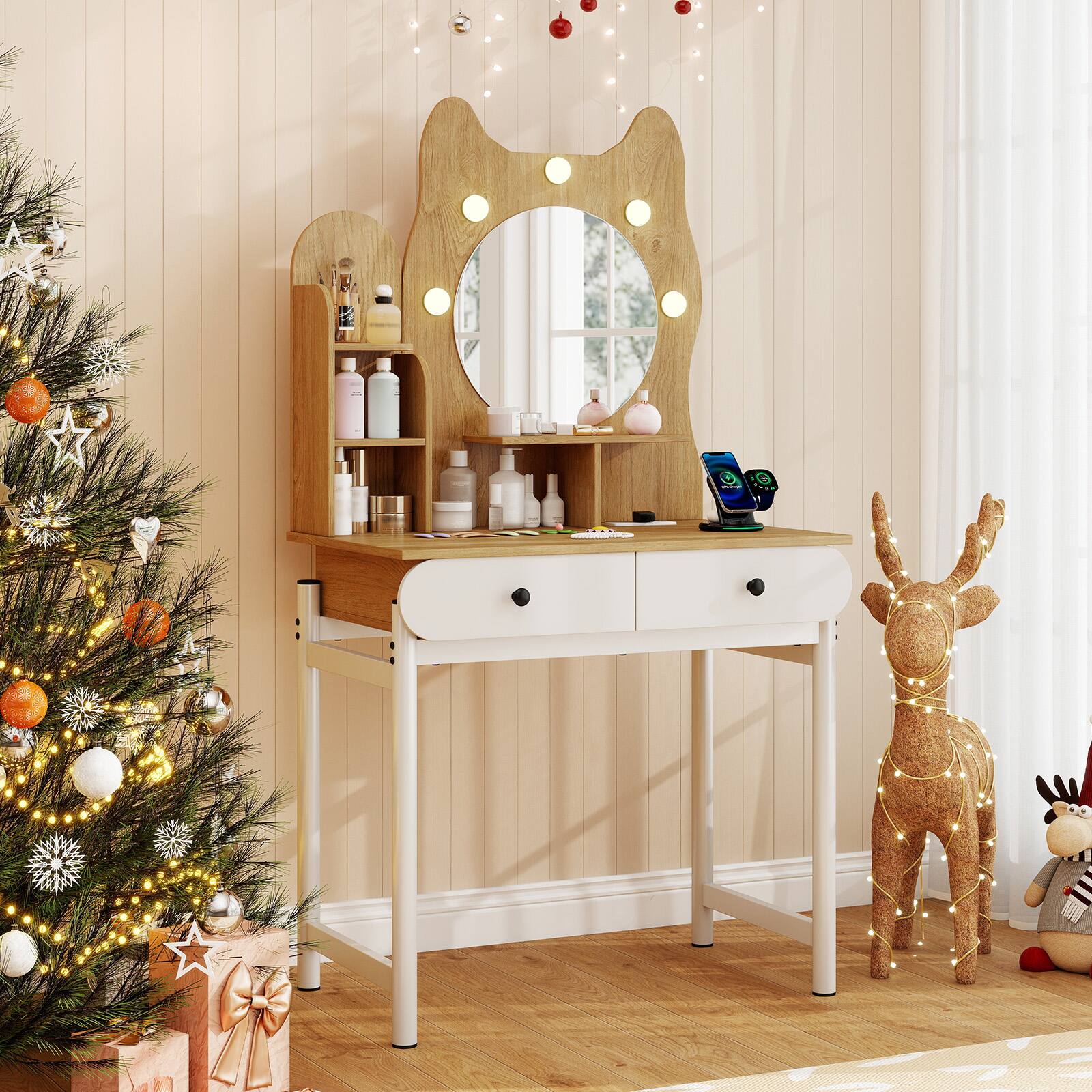 Alt View 4. Gymax - Gymax Small Vanity Desk w/ Mirror & Lights Cute Kitty Makeup Table w/Power Outlets - White.