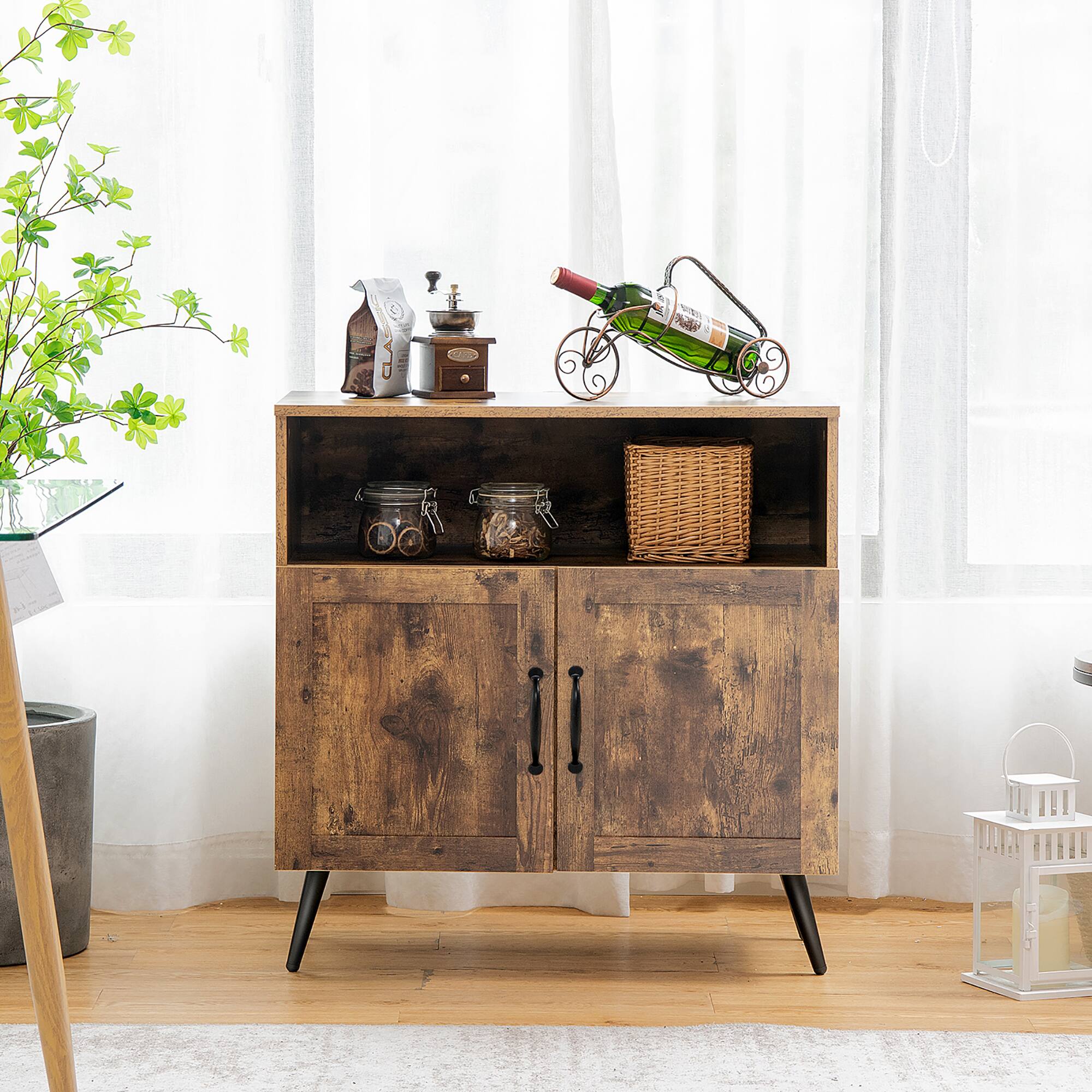 Alt View 1. Costway - Costway Mid-century Storage Cabinet Sideboard w/ Doors Wine Glass Racks - Rustic Brown.