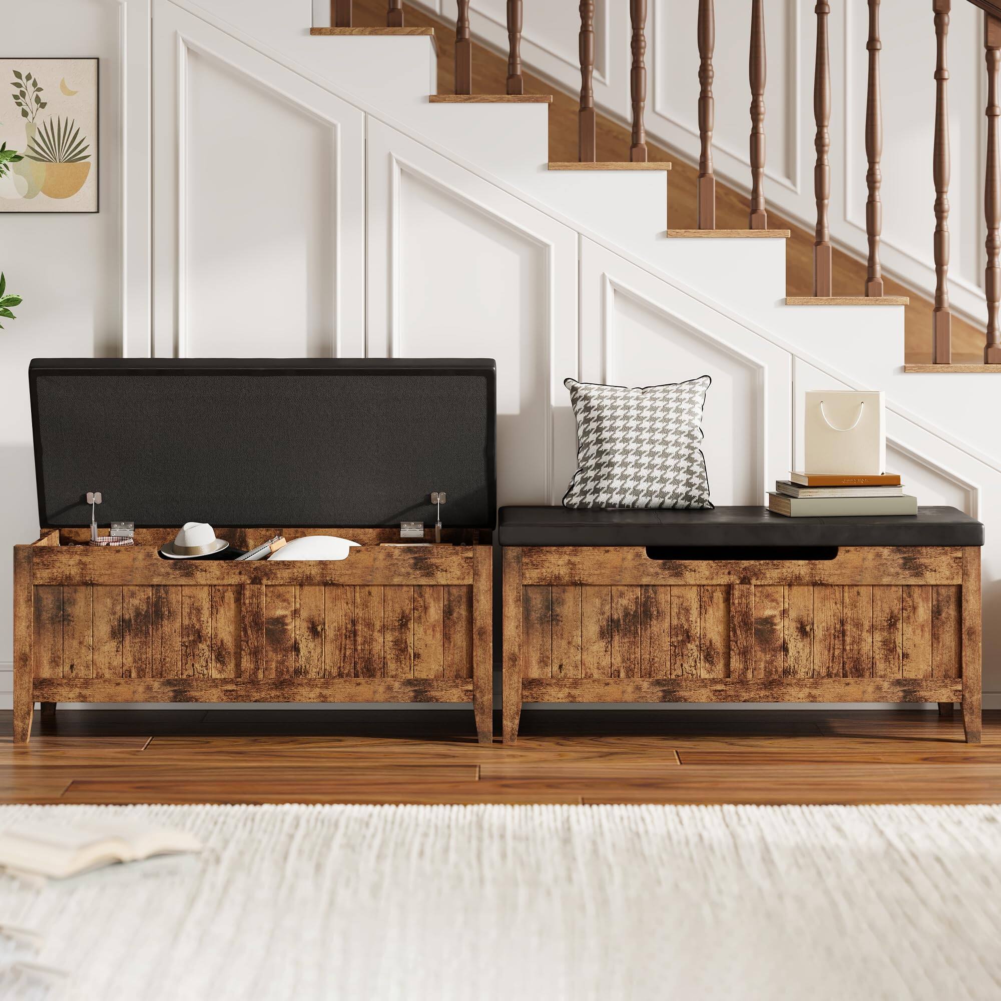 Angle. Jojoka - Upholstered Storage Bench with Cushion Seat, Wooden Storage Chest Trunk with 2 Safety Hinges, Organizer - Brown.