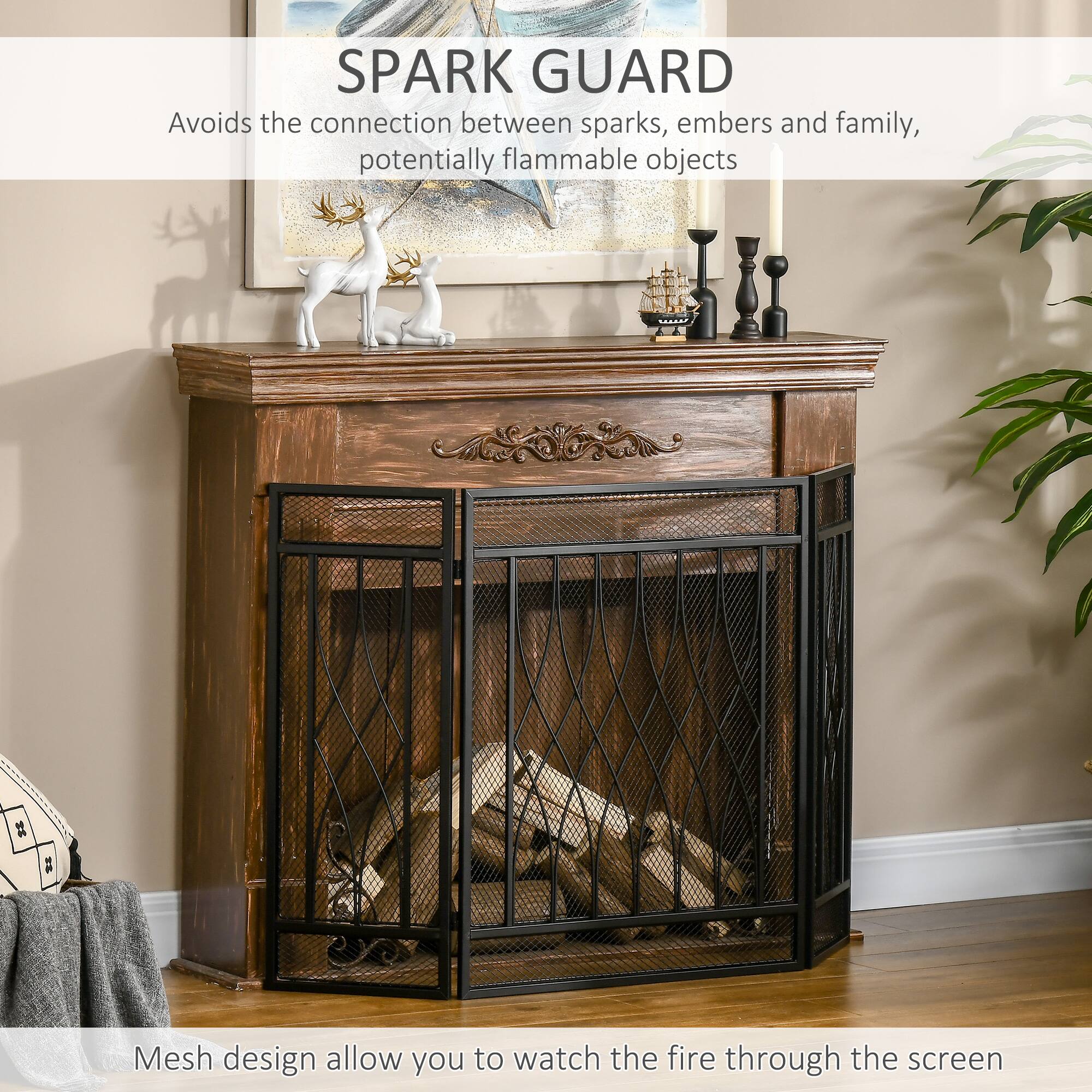 SPARK GUARD  
Avoids the connection between sparks, embers and family, potentially flammable objects  

Mesh design allow you to watch the fire through the screen