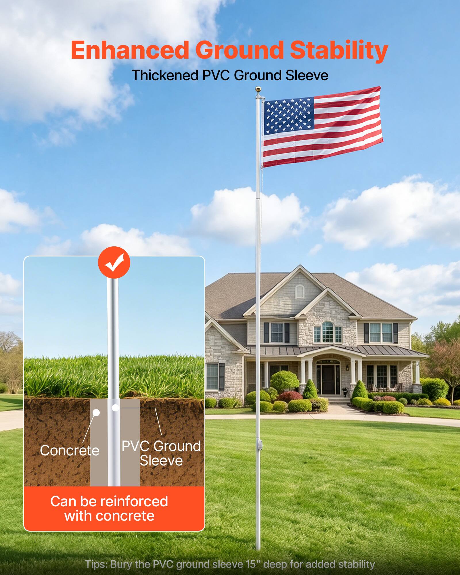 Enhanced Ground Stability  
Thickened PVC Ground Sleeve  
Concrete PVC Ground Sleeve  
Can be reinforced with concrete  
Tips: Bury the PVC ground sleeve 15" deep for added stability