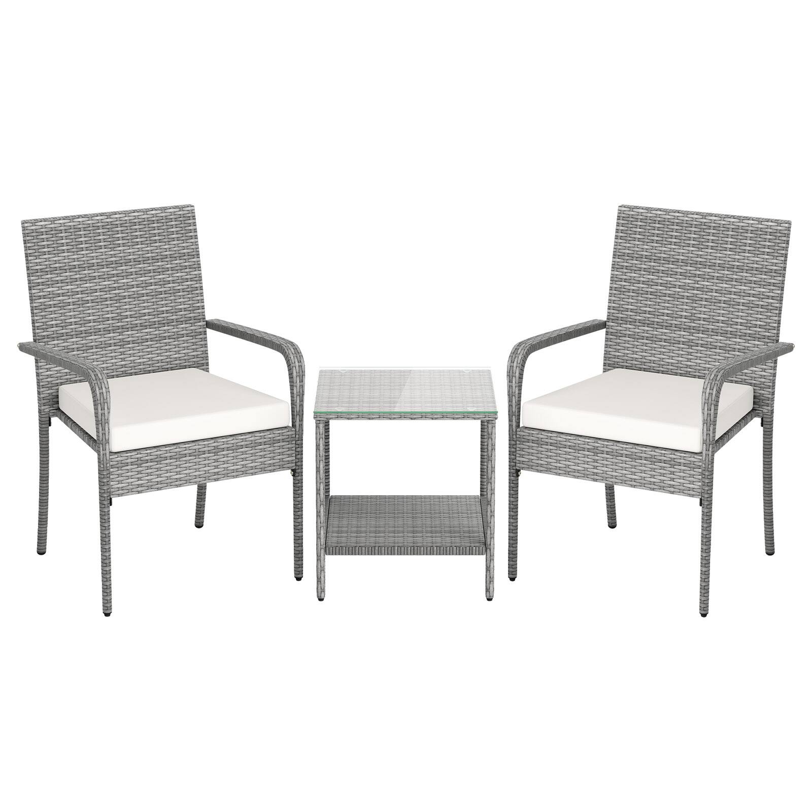 Alt View 9. Gymax - Gymax 3 Pieces Patio Furniture Set PE Rattan Porch Chairs w/ 2-Tier Table White - White.
