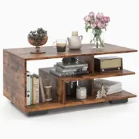 Costway Geometric Coffee Table w/ Storage Shelves 3-Tier Rectangular Tea Table - Rustic Brown - Front_Zoom