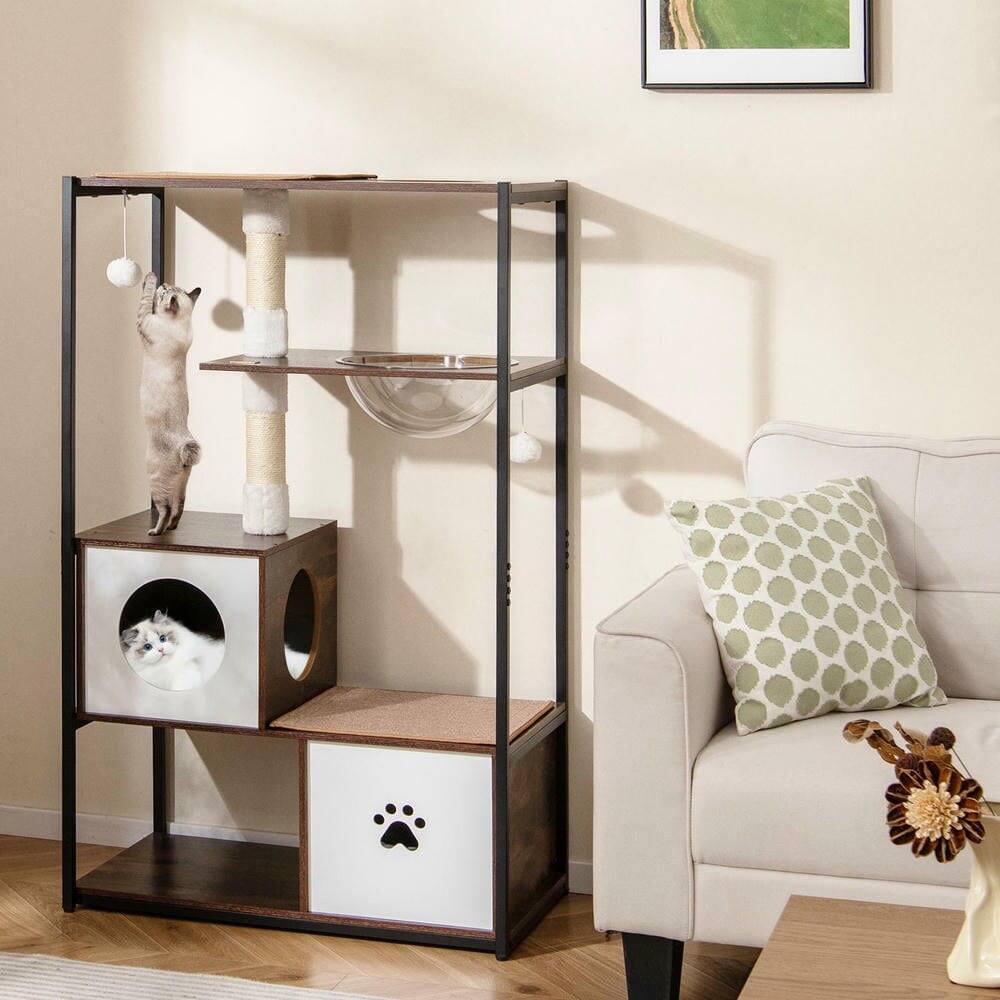 Back. Kadyn - 52-Inch Wooden Cat Tree with Metal Frame, Two Condos, and Cushions, Coffee - Brown.