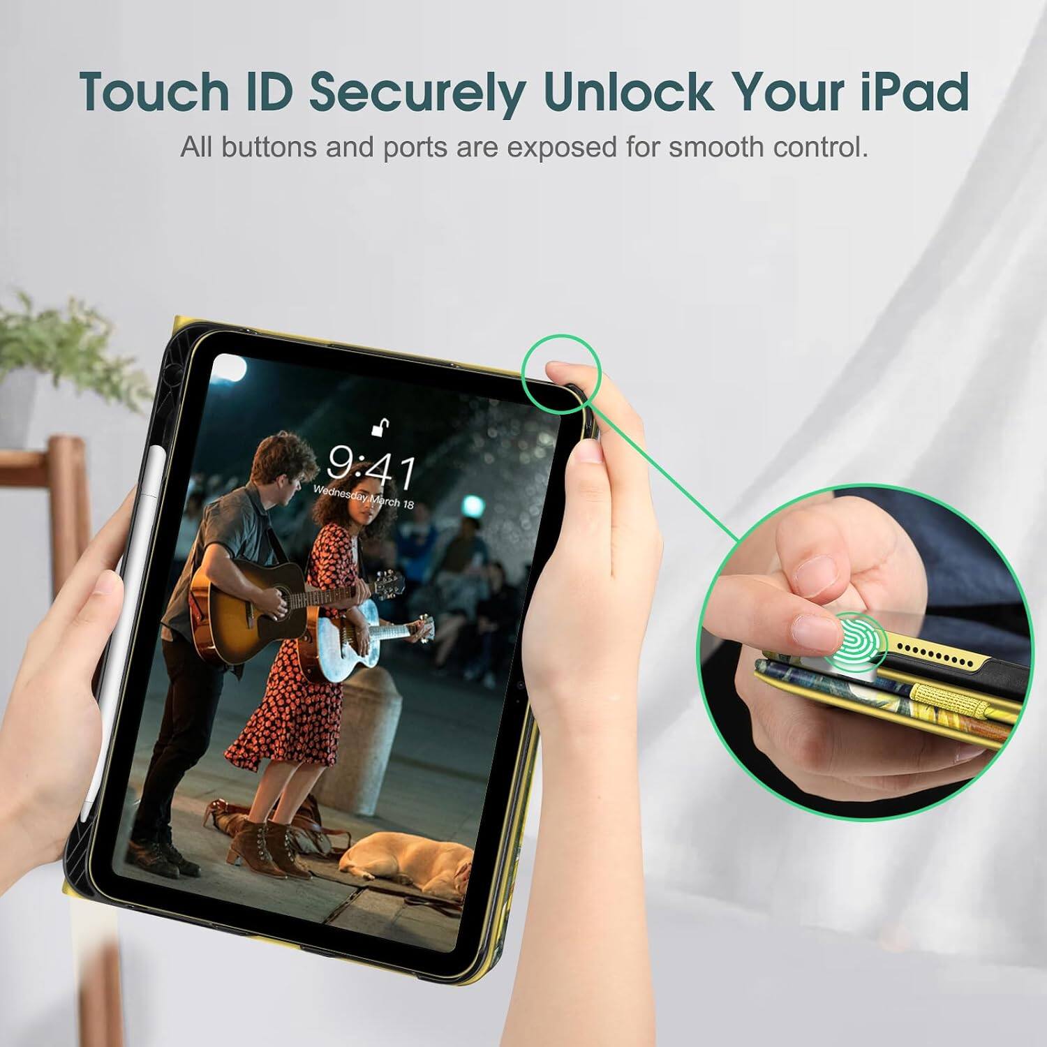Touch ID Securely Unlock Your iPad  
All buttons and ports are exposed for smooth control.  

Wednesday 9:41 March 18