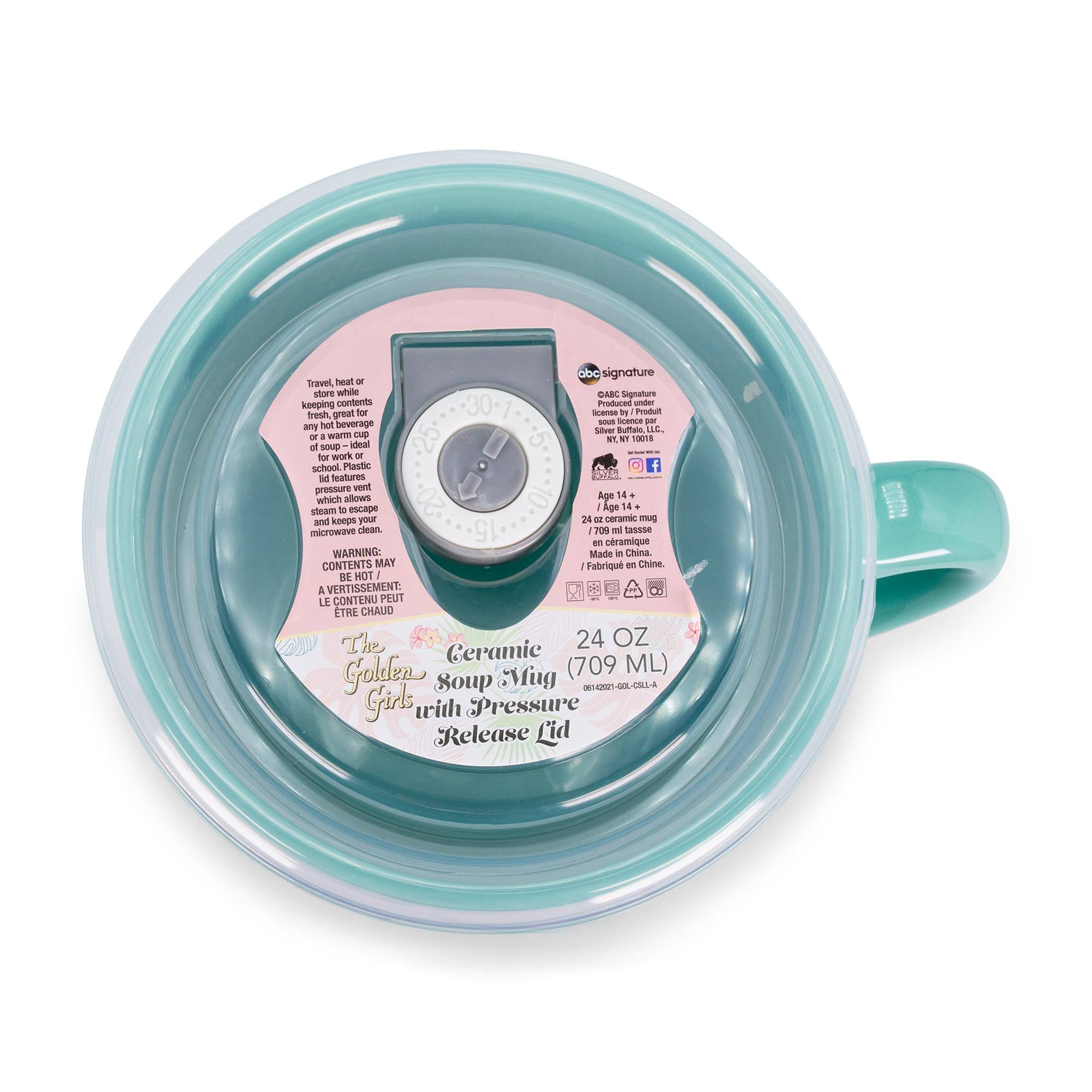 **abc signature**  
ABC Signature  
Produced under license by  
Silver Buffalo, Inc.  
10001 L.C.  

**Travel, heat or keeping contents fresh, great for soup or a warm cup of beverage, school, work, or any use. Plastic pressure vent allows steam to escape and keeps your ceramic mug microwave clean.**  

**Age 14+**  
**24 oz ceramic mug**  
**24 OZ (709 ML)**  
**Ceramic Soup Mug with Pressure Release Lid**  

**WARNING: Contents may be hot.**  
**A VERTISSEMENT: LE CONTENU PEUT ÊTRE CHAUD.**  

**Made in China.**  
**Fabriqué en Chine.**  

**The Golden Girls**  

**24 OZ (709 ML)**  
**06/122021-GOL-CLSL-A**