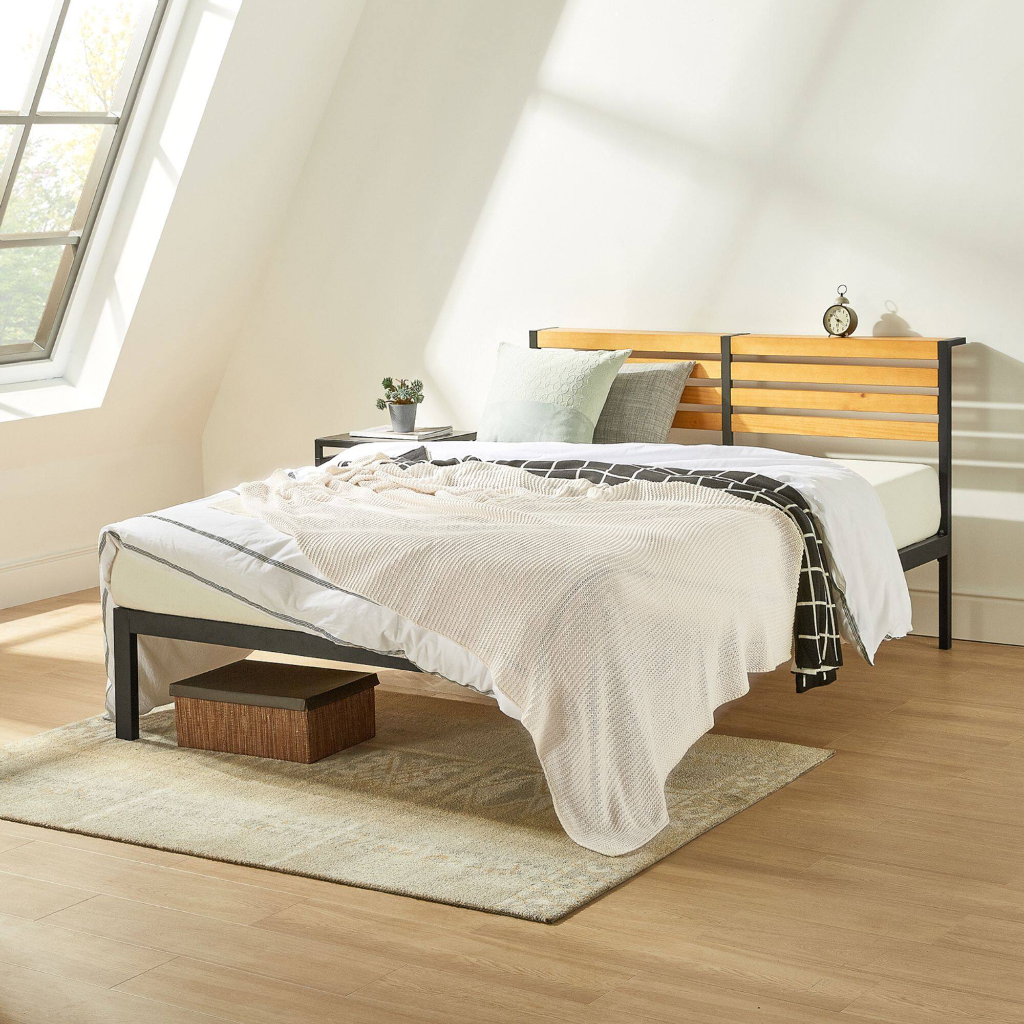 Alt View 4. Mellow - Mellow KASI Metal & Wood Platform Bed Frame with Built-In Headboard Shelf, King - Pine.