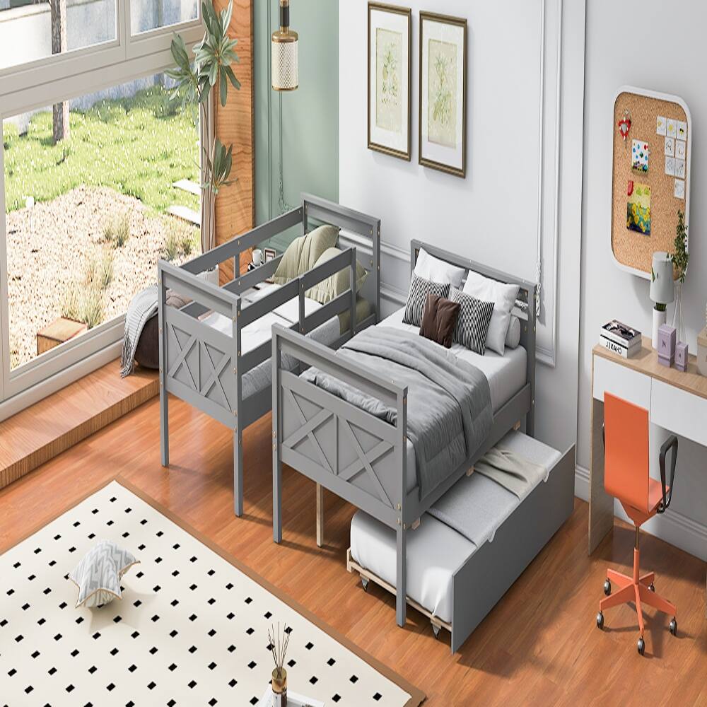 Alt View 3. Loheer - Loheer Twin Over Full Bunk Bed with Trundle, Gray Wooden Bunk Bed with Ladder and Guardrail - Gray.
