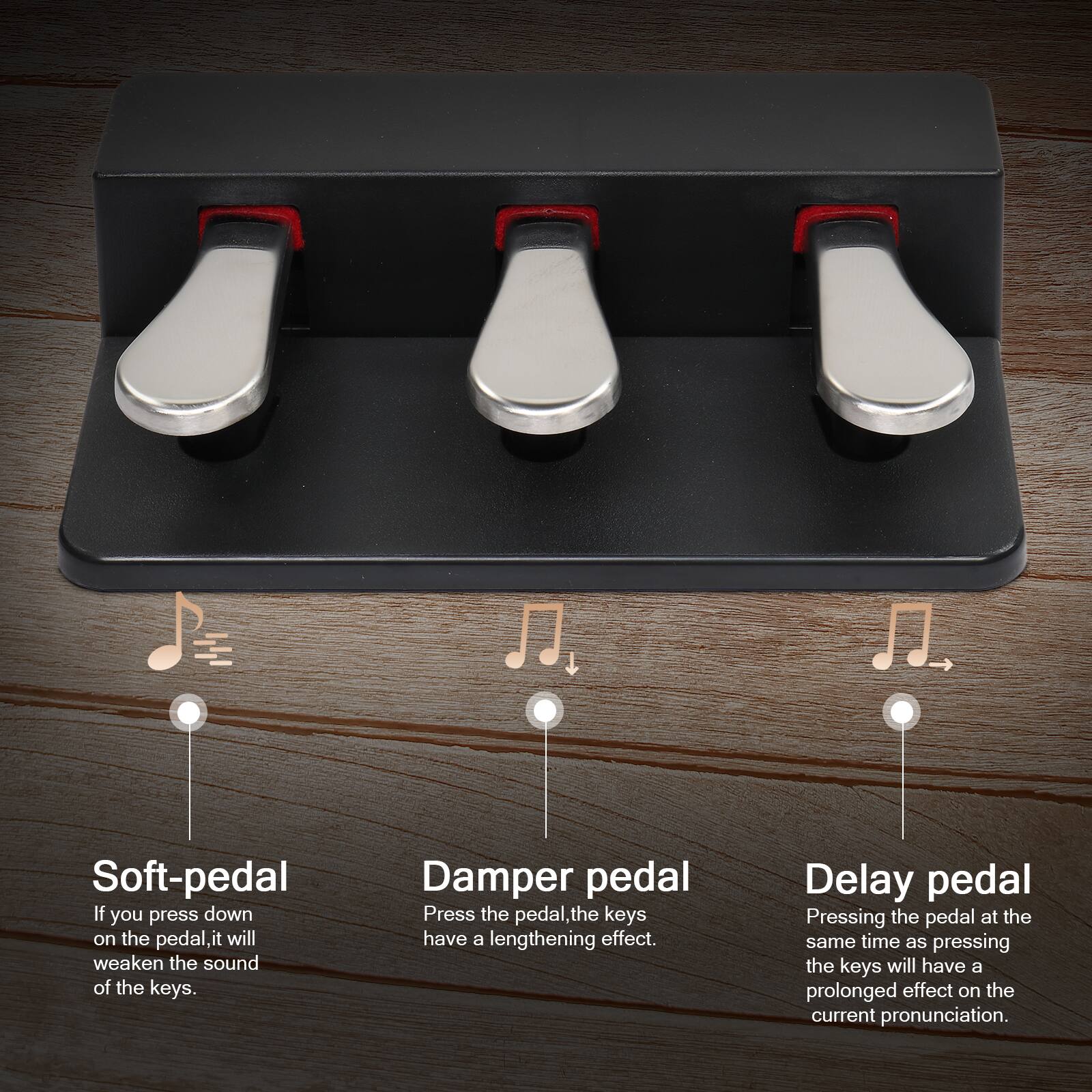 Soft-pedal  
If you press down on the pedal, it will weaken the sound of the keys.

Damper pedal  
Press the pedal, the keys have a lengthening effect.

Delay pedal  
Pressing the pedal at the same time as pressing the keys will have a prolonged effect on the current pronunciation.