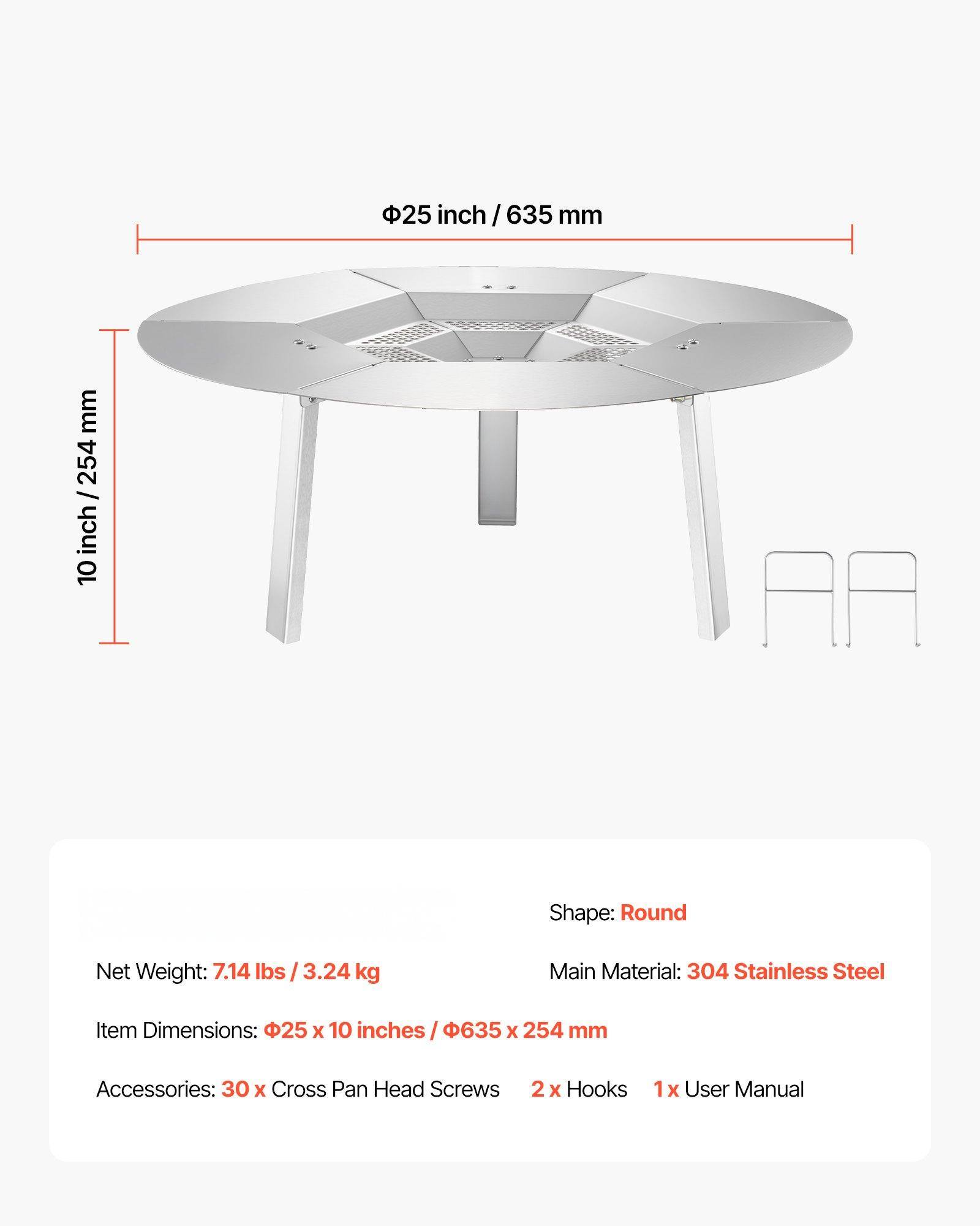 - **Shape:** Round
- **Main Material:** 304 Stainless Steel
- **Item Dimensions:** 25 x 10 inches / 635 x 254 mm
- **Net Weight:** 7.14 lbs / 3.24 kg
- **Accessories:** 30 x Cross Pan Head Screws, 2 x Hooks, 1 x User Manual