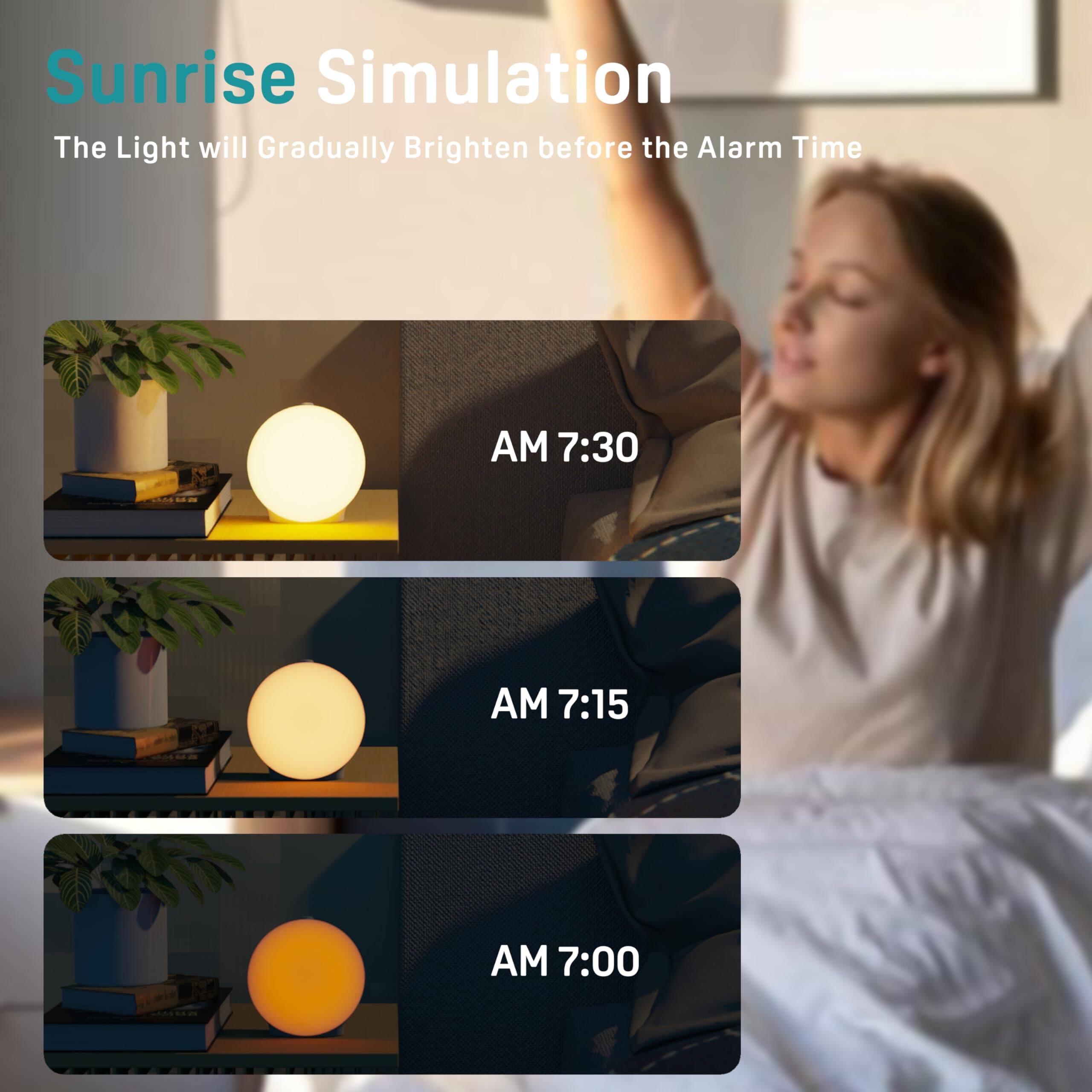 Sunrise Simulation  
The Light will Gradually Brighten before the Alarm Time  

AM 7:30  
AM 7:15  
AM 7:00