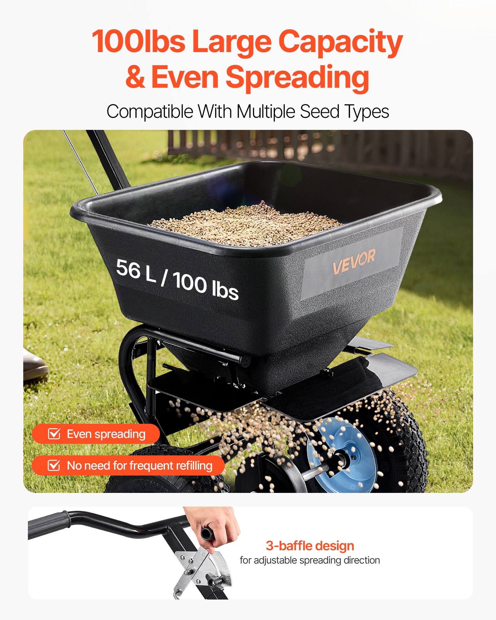 100lbs Large Capacity & Even Spreading  
Compatible With Multiple Seed Types  

56 L / 100 lbs  

VEVOR  

Even spreading  
No need for frequent refilling  

3-baffle design for adjustable spreading direction