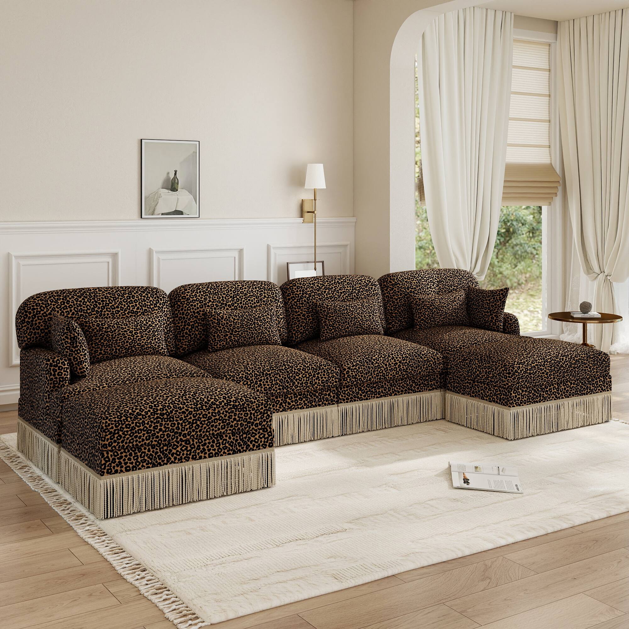 Angle. Anysun - 131" Comfy Chenille Leopard Print U-Shaped Modern Fashion Sofa – Delicate Tassel Edge, Movable Ottomans, Easy Assembly - Brown.