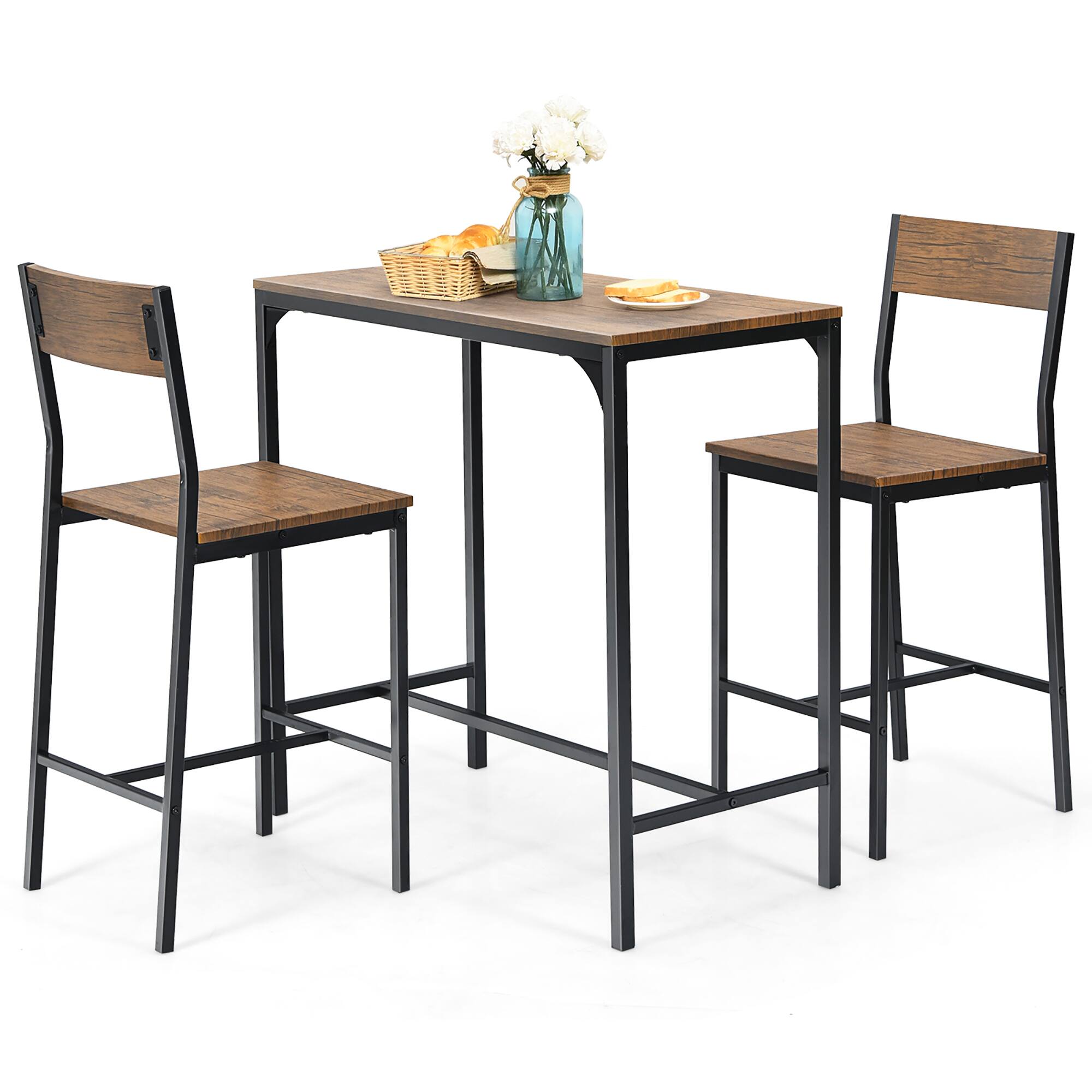 Alt View 2. Costway - 3PCS Bar Table Set Industrial Counter Height Dining Table Set w/2 Stools - Rustic Brown/Black.