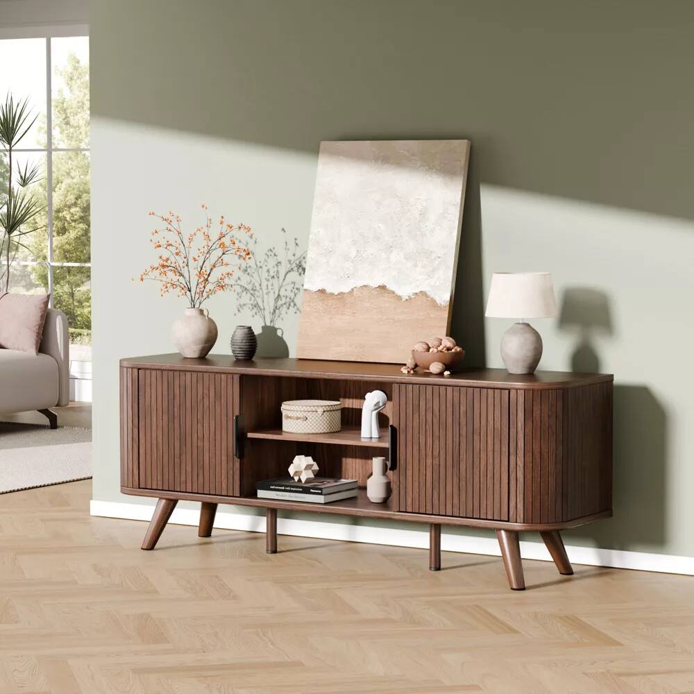 Alt View 3. Furnulem - 55 Inch Fluted TV Stand 3 Door Media Console with Adjustable Shelves - Brown.