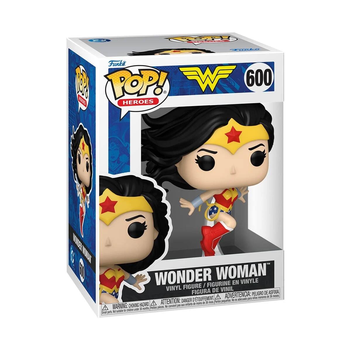 Sure, here is the corrected and grouped text from the image:

---

**Front:**
- Funko
- POP! HEROES
- 600
- WONDER WOMAN™
- VINYL FIGURE / FIGURINE EN VINYLE / FIGURA DE VINIL
- WARNING: CHOKING HAZARD - Small parts. Not for children under 3 years. / ATTENTION: PELIGRO DE ASFIXIA - Piezas pequeñas. No es adecuado para menores de 3 años. / ADVERTENCIA: DANGER D'ETOUFFEMENT - Petits pièces. Ne convient pas aux enfants de moins de 3 ans.

**Top:**
- DC Comics
- Wonder Woman

**Side:**
- Funko
- POP! HEROES
- 600
- WONDER WOMAN™

**Bottom:**
- WARNING: CHOKING HAZARD - Small parts. Not for children under 3 years. / ATTENTION: PELIGRO DE ASFIXIA - Piezas pequeñas. No es adecuado para menores de 3 años. / ADVERTENCIA: DANGER D'ETOUFFEMENT - Pet