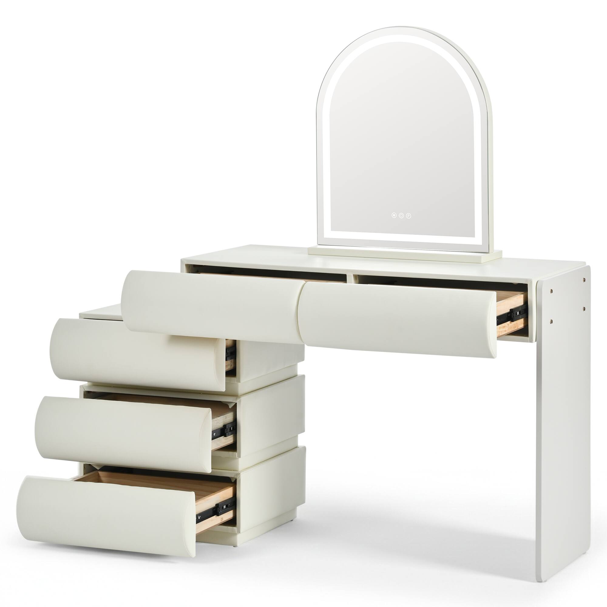 Alt View 1. Whisen - Leather Dresser Vanity Table,2-in-1 Makeup Vanity Desk with LED Mirror and 5 Storage Drawers - Beige.