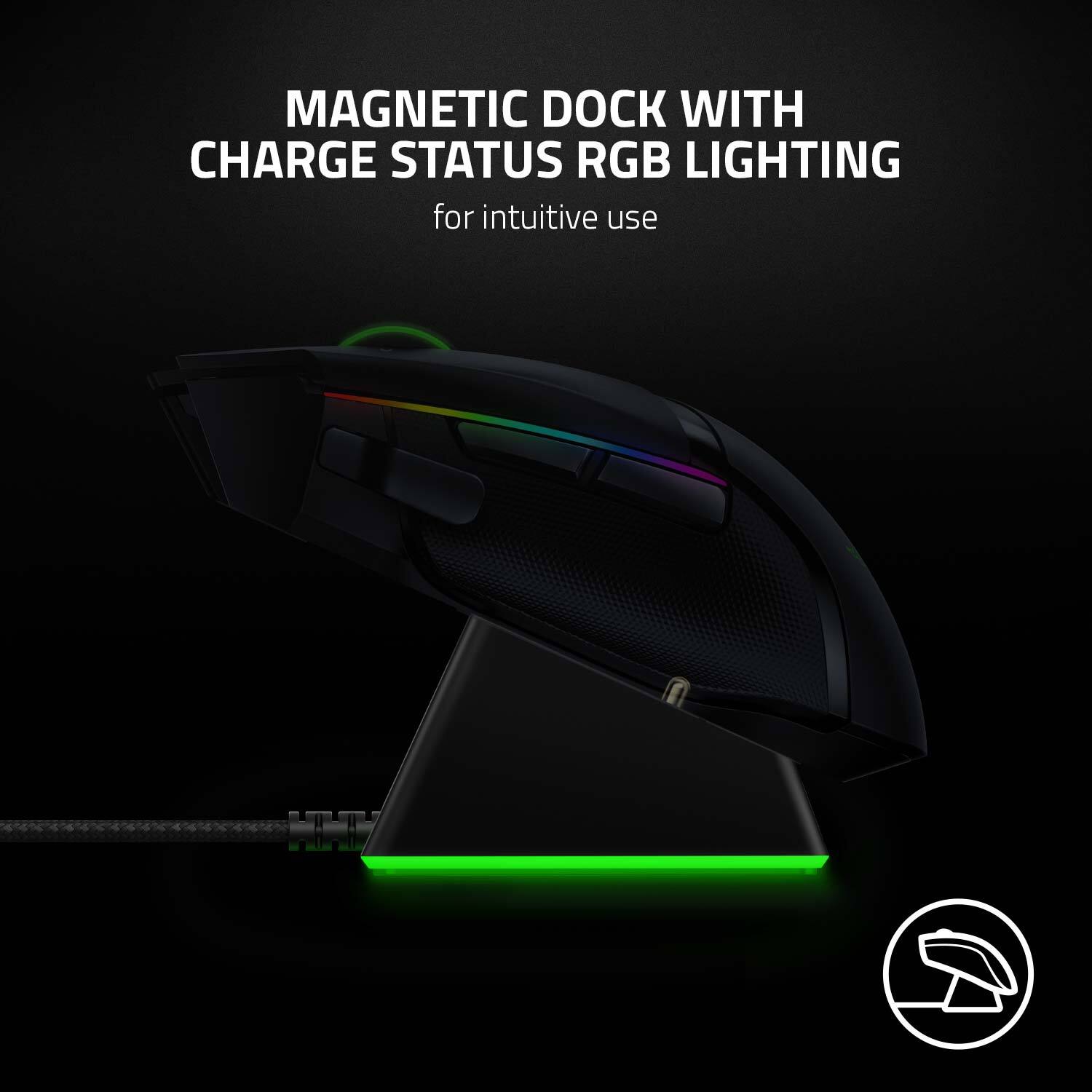 Magnetic dock with charge status RGB lighting for intuitive use.