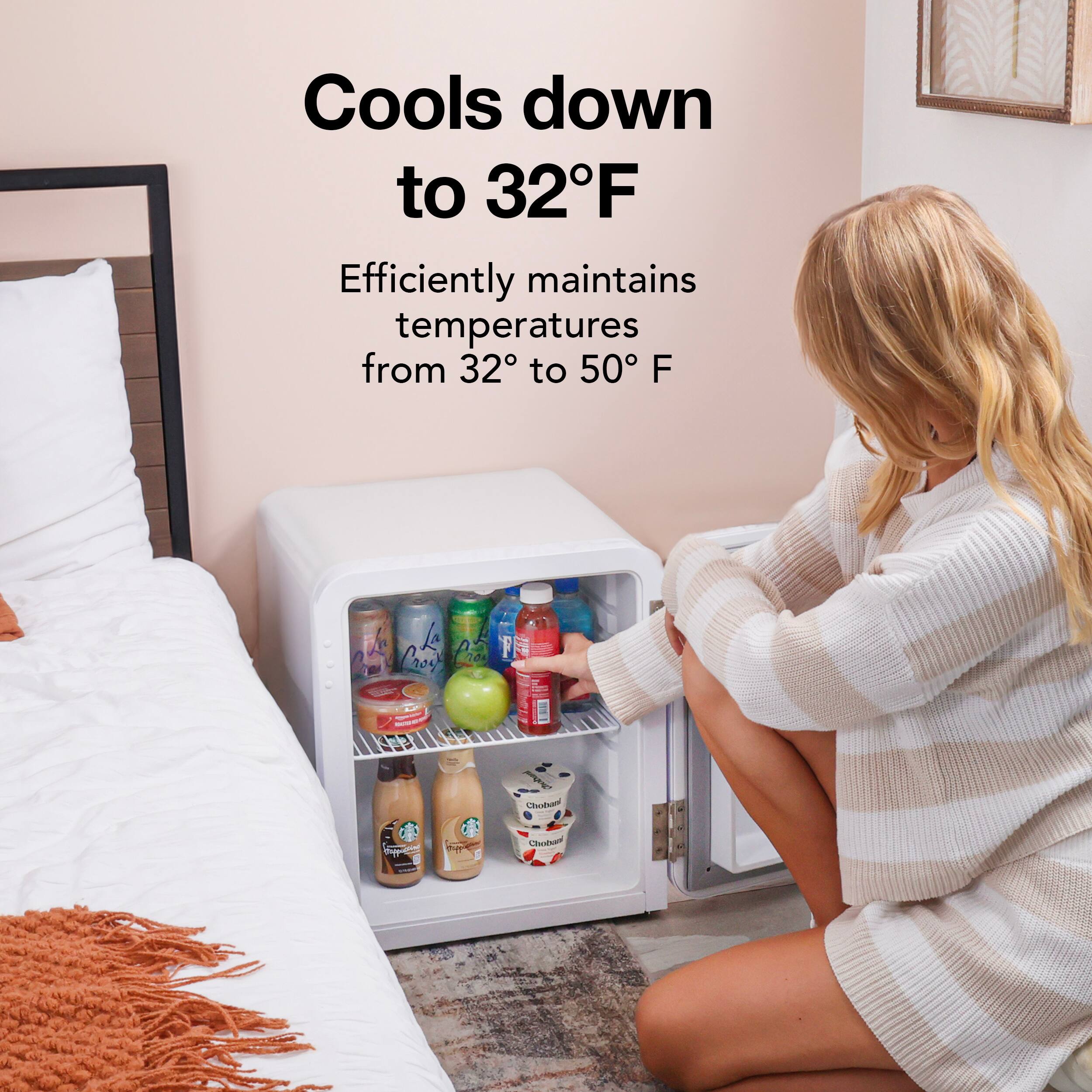 Cools down to 32°F. Efficiently maintains temperatures from 32° to 50°F.
